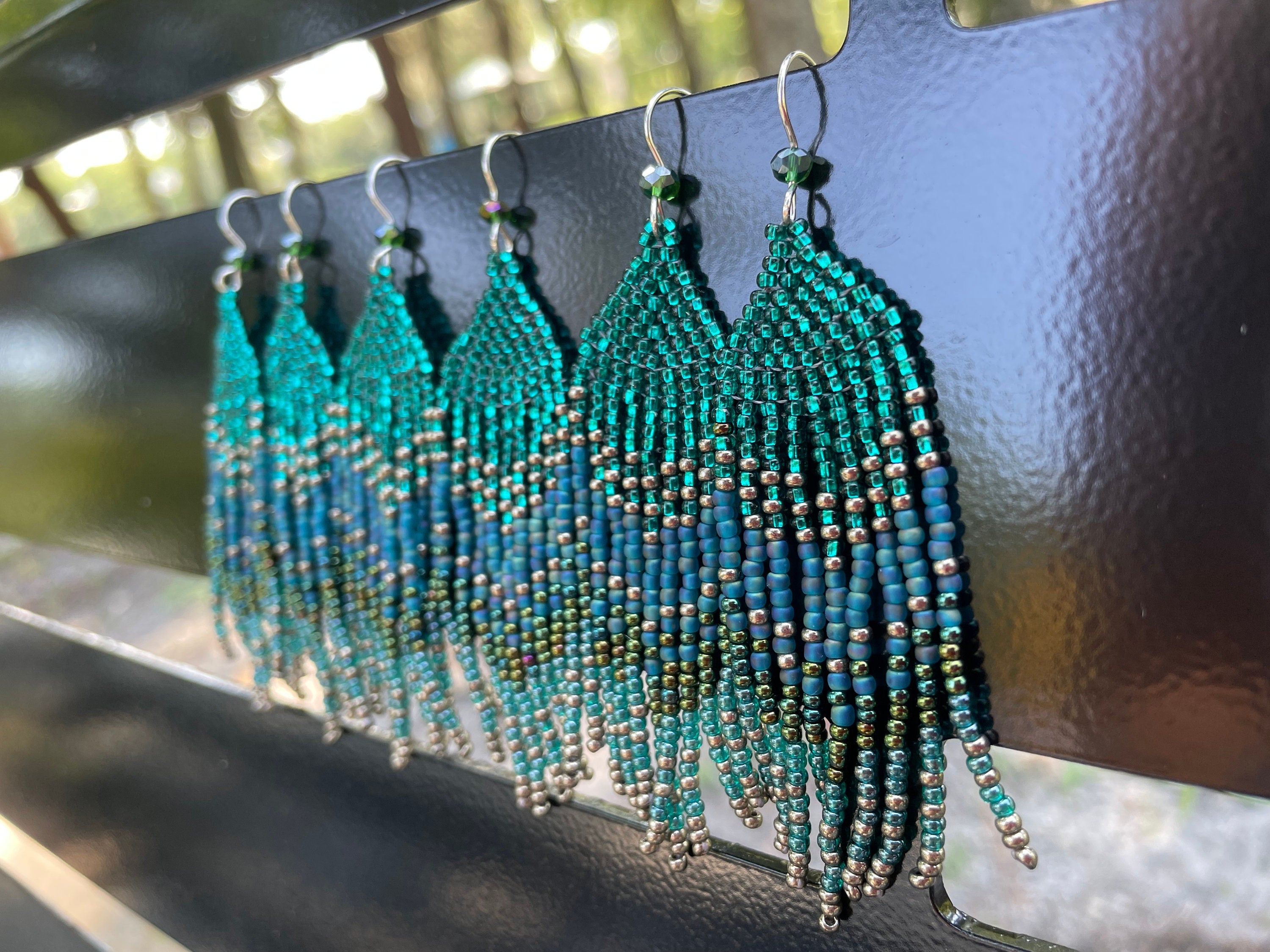 Patina Blue beaded Earrings Long Fringe Ombre Seed bead dangle earrings gift for her mom Chandelier Forest statement earrings