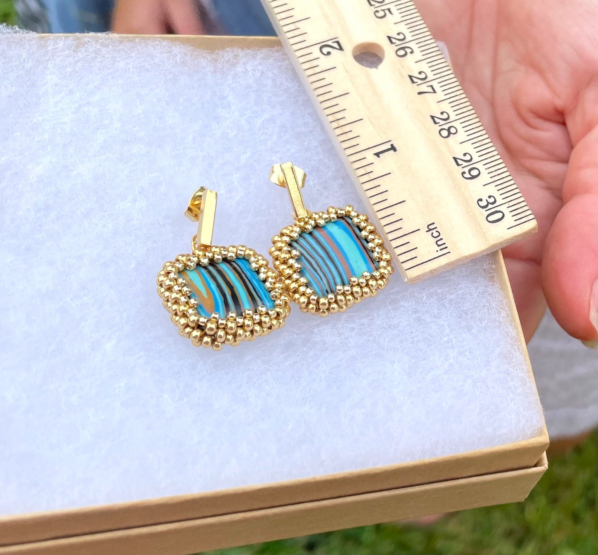 Square dangle beaded earrings with striped turquoise malachite like crystals with gold or silver studs, 1.24 inch long earrings for women
