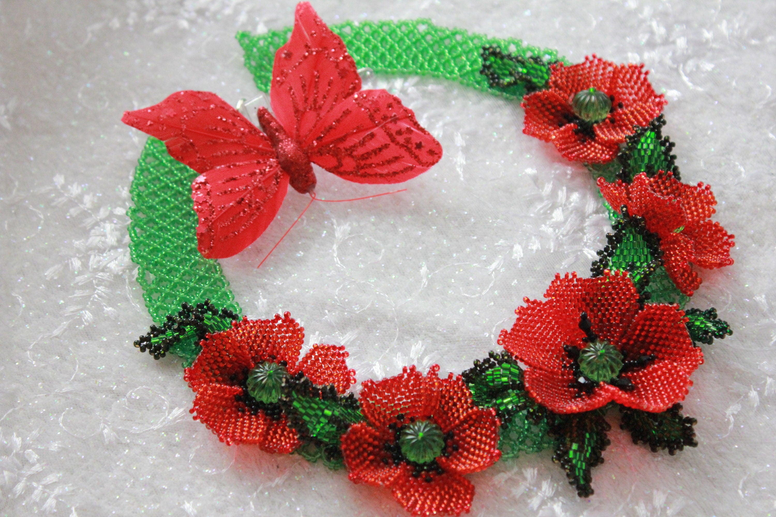 Red flower jewelry necklace, Poppy Necklace, Floral collar Choker, Wedding gift bride~Unique Beaded Necklace for girlfriend, Valentines gift