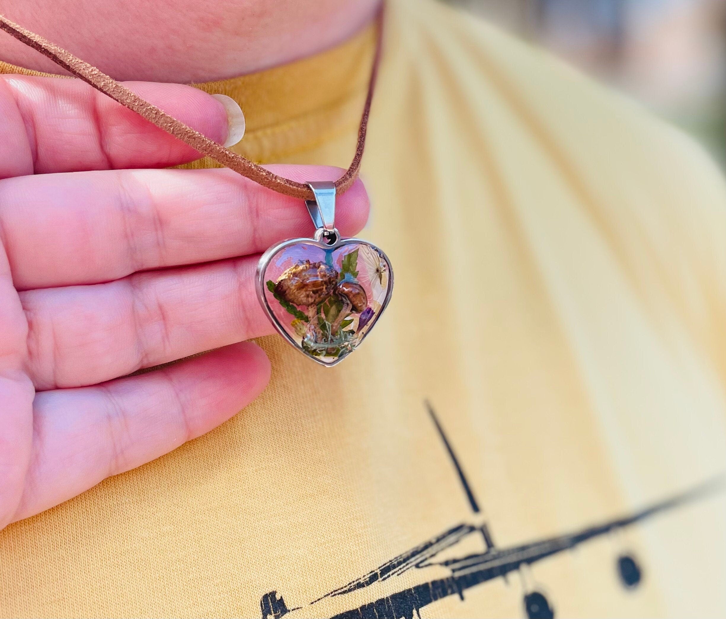 Real mushroom necklace heart shaped, Moss resin terrarium necklace valentines gift for him her Cottagecore Magic forest jewelry Nature lover