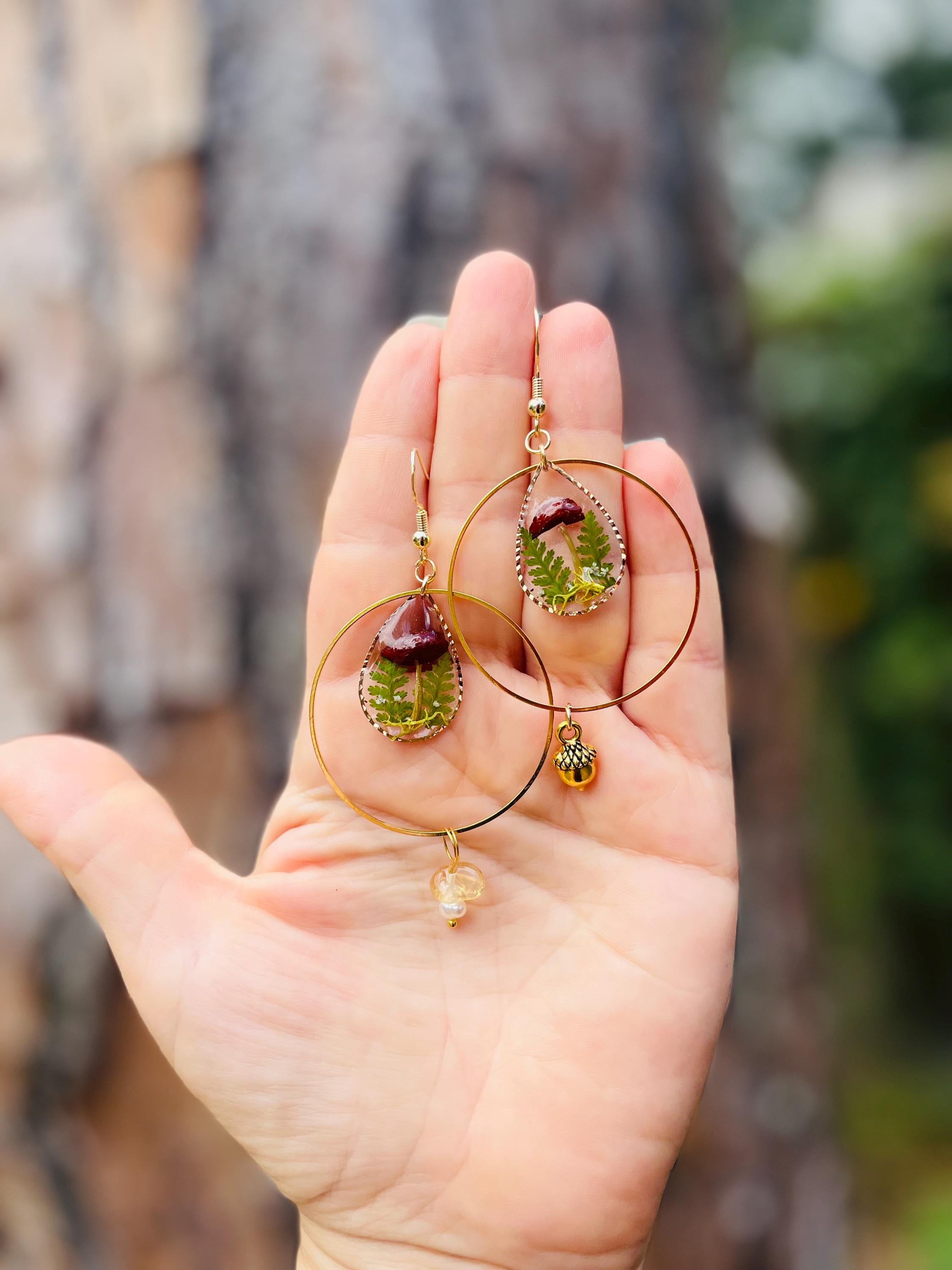 14K Gold Mushroom Terrarium Earrings Chandelier Hoops: Pearl, Acorn Charm, Personalized Birthstone