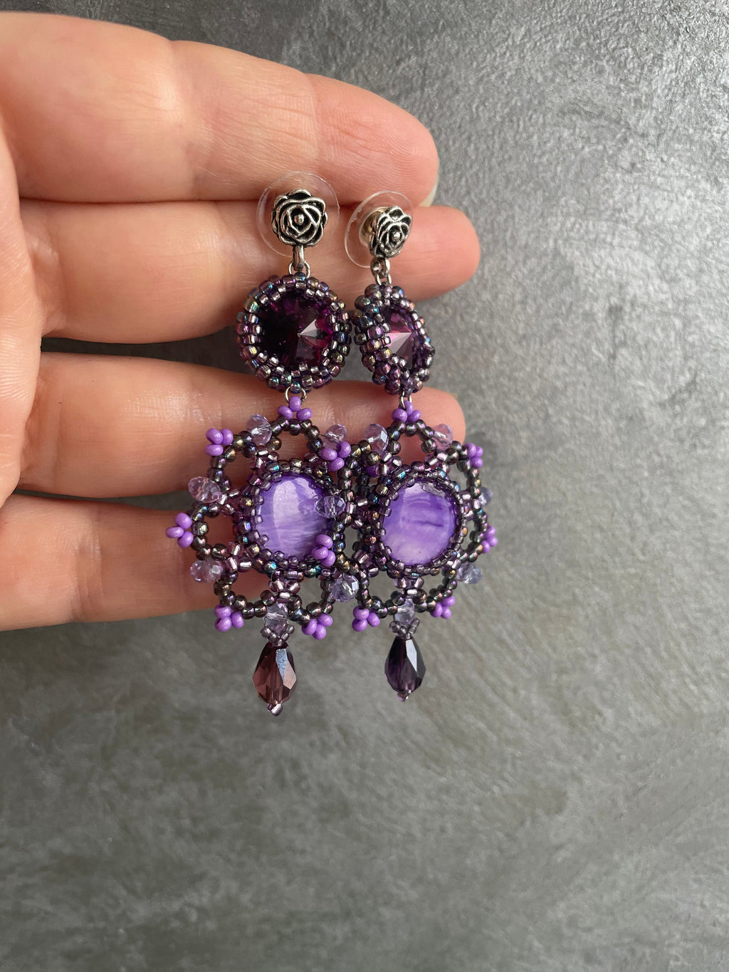 Amethyst Swarovski Crystal Earrings, Purple Mother of Pearl Beaded Chandelier Earrings