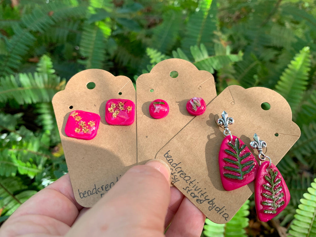 Minimalist earrings, Real flower earrings, fern earrings, hot pink polymer and resin clay earrings, pressed flower jewelry, flower girl gift