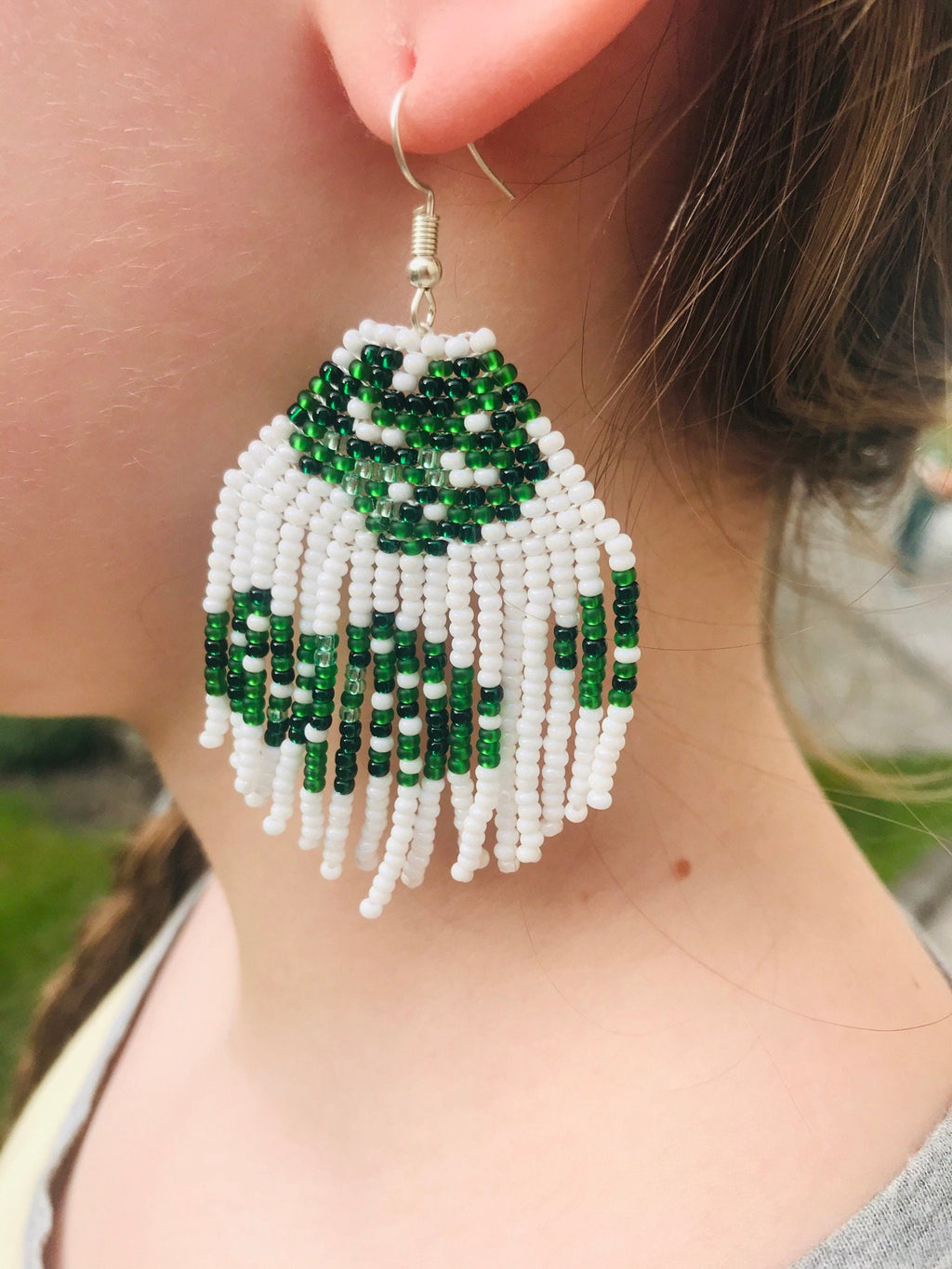 Monstera leaf earrings, native American jewelry, native beaded earrings, beaded fringe earrings, Bohemian Wedding Earrings, girlfriend gift