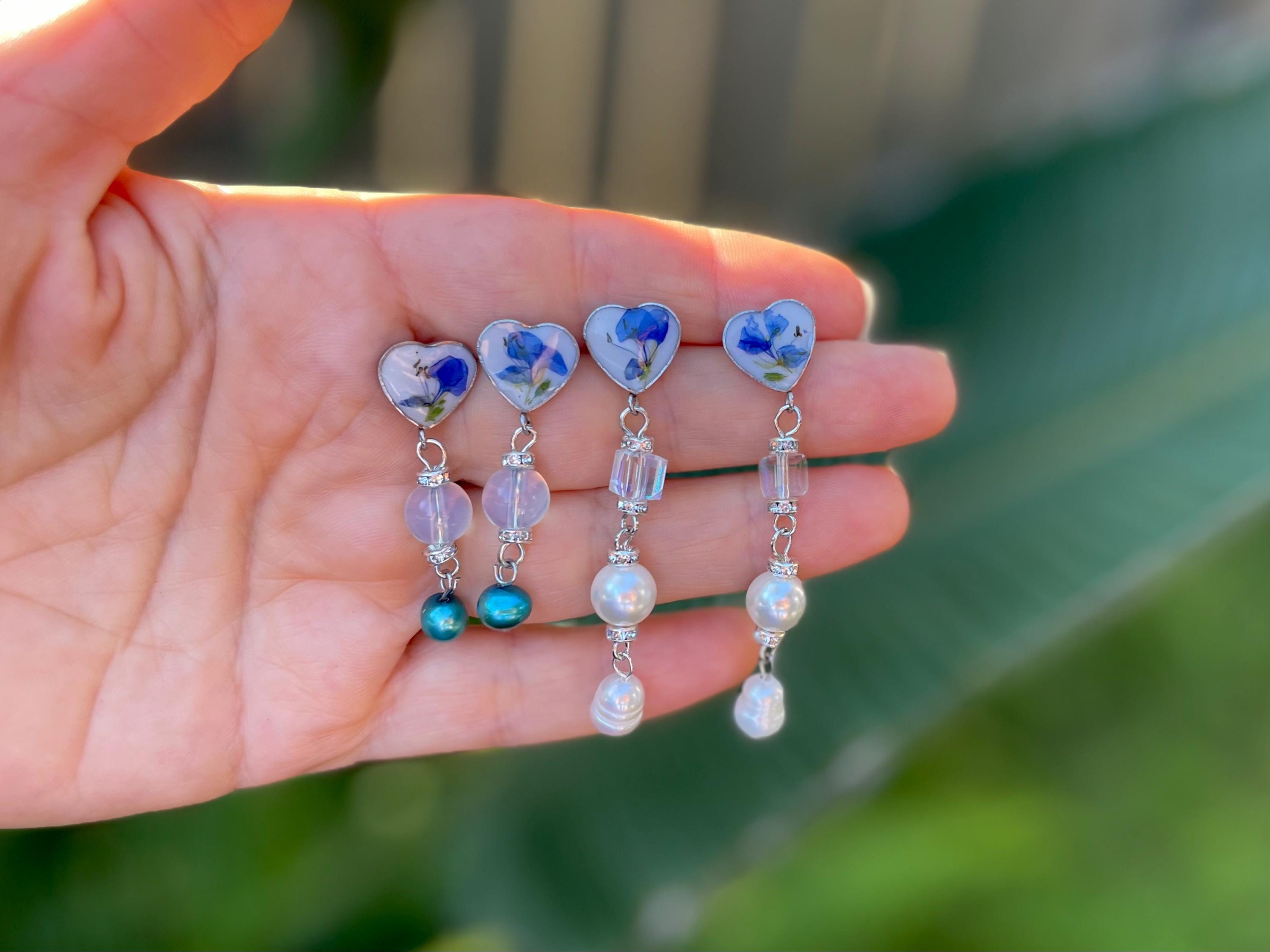 Patina Blue Pearl Floral Earrings: Pressed Flower Resin Jewelry Opal