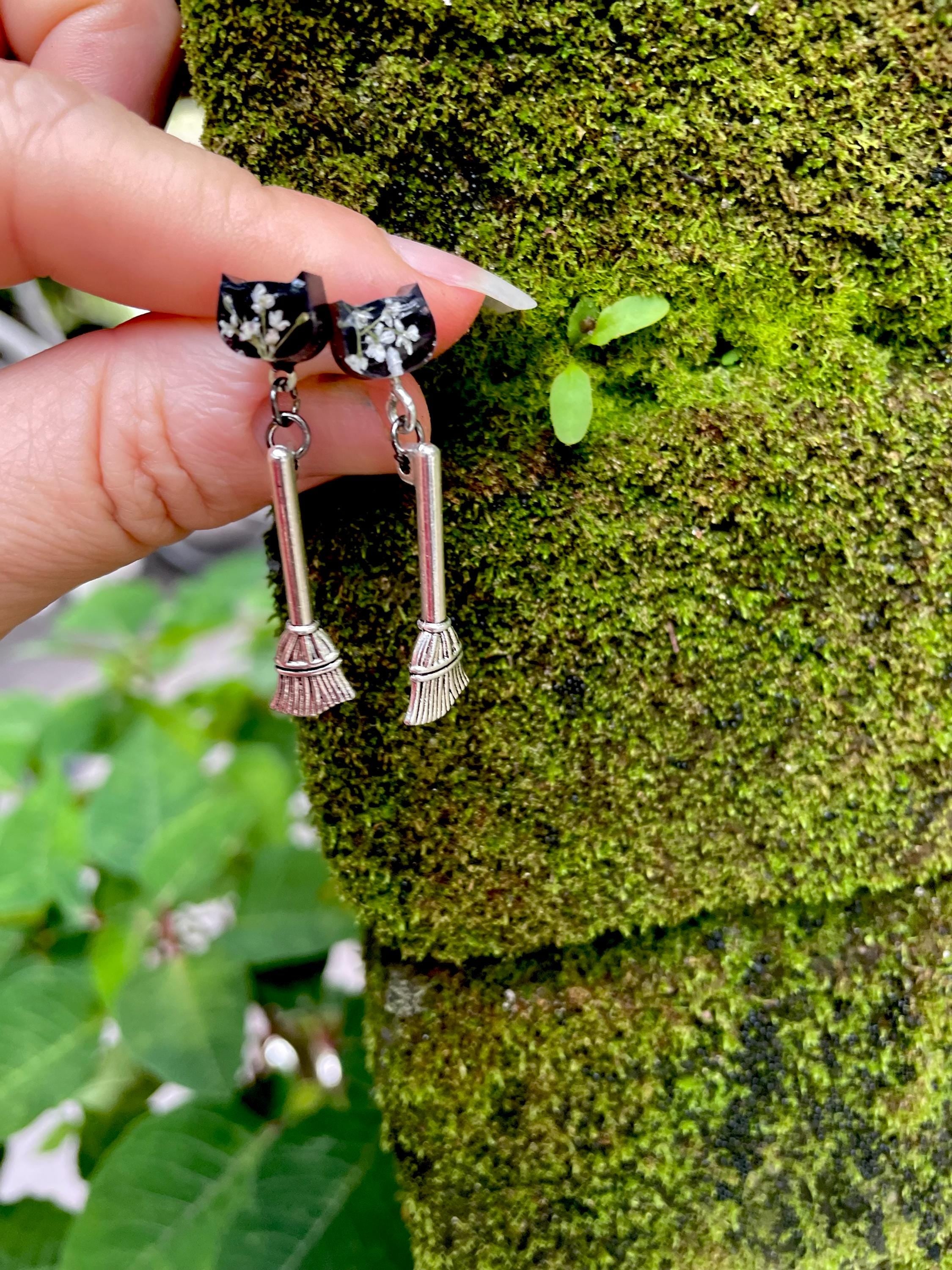 Antique Silver Witch Broom and Resin Black Cat Halloween Stud Earrings with Pressed Flowers