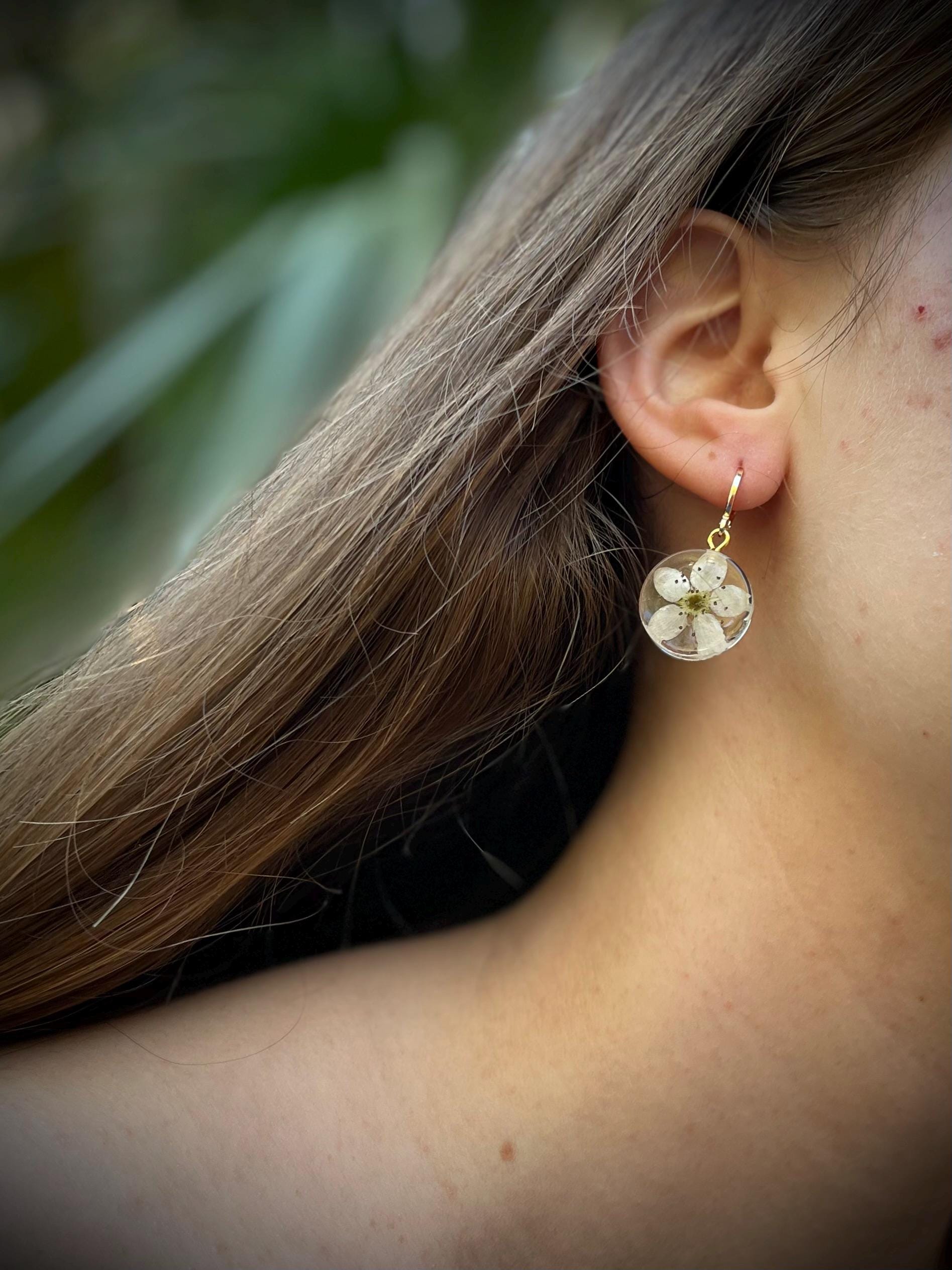 Cherry Blossom Resin Earrings: Gold Huggie Hoops, Real Flower Jewelry March Birth Flower