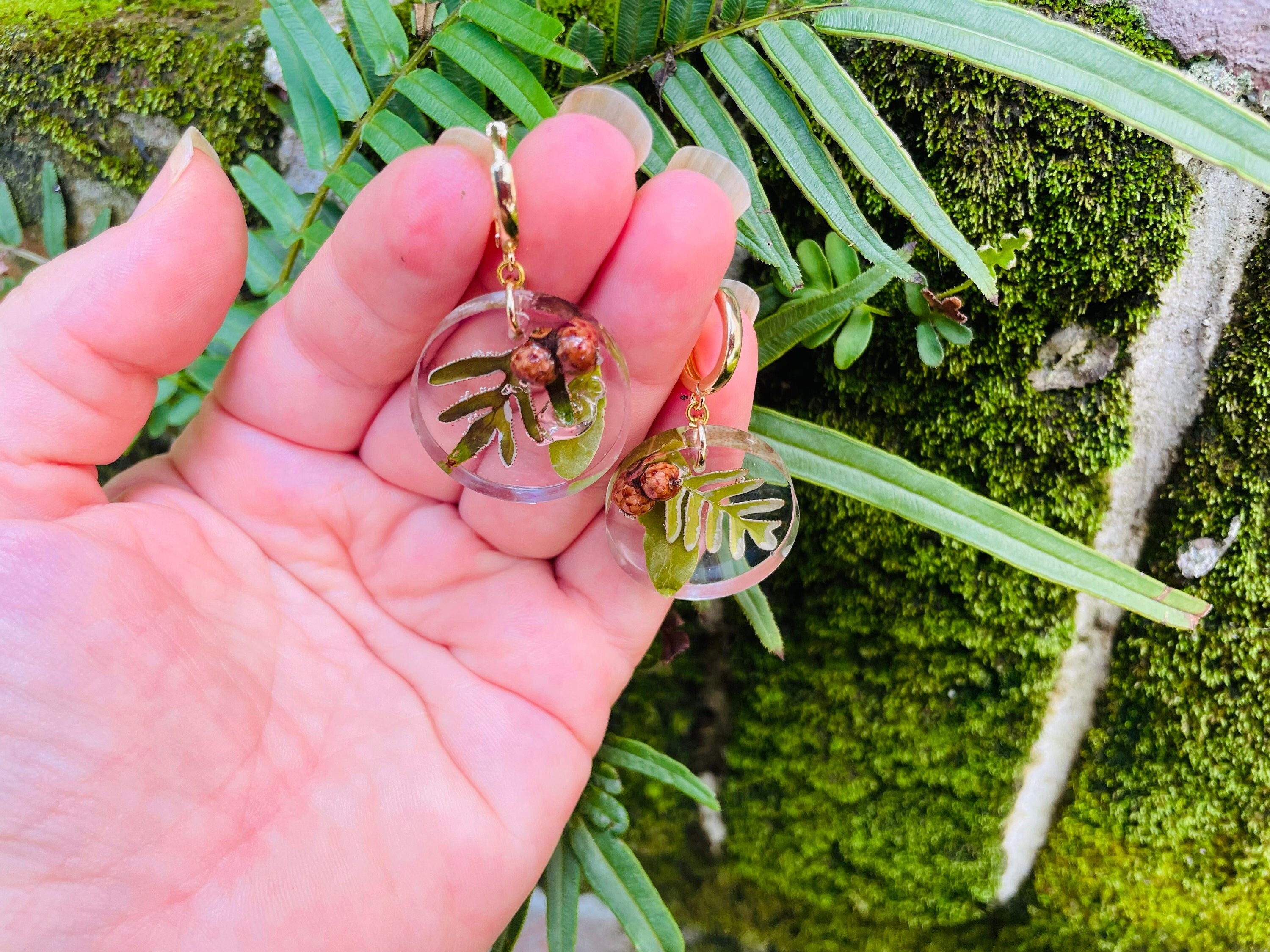 Gold-Filled Resin Earrings: Acorn, Fern & Oak Leaf - Mori Kei Jewelry