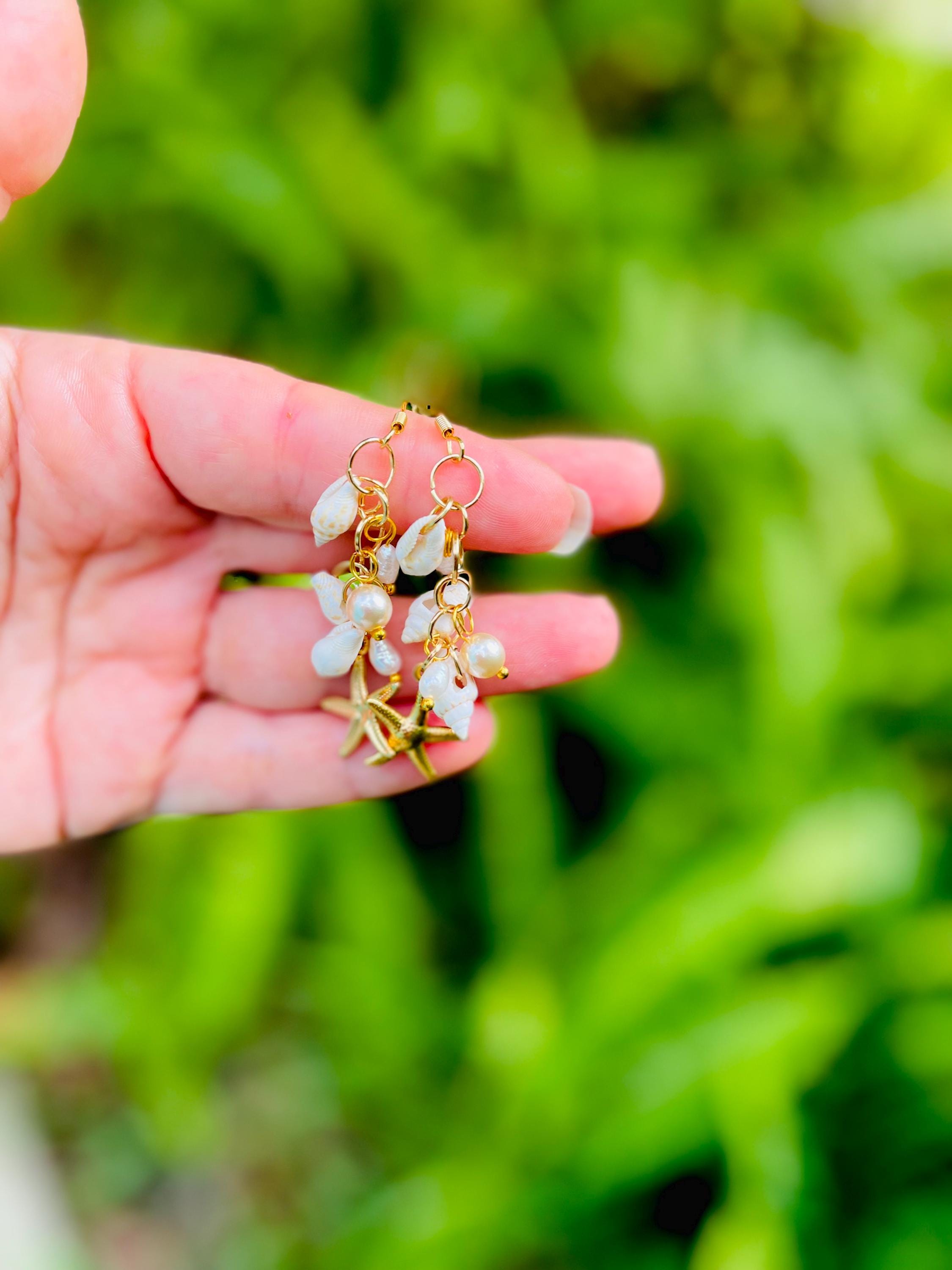 Starfish & Pearl Ocean Earrings: Seashell Beach Wedding Jewelry Gold