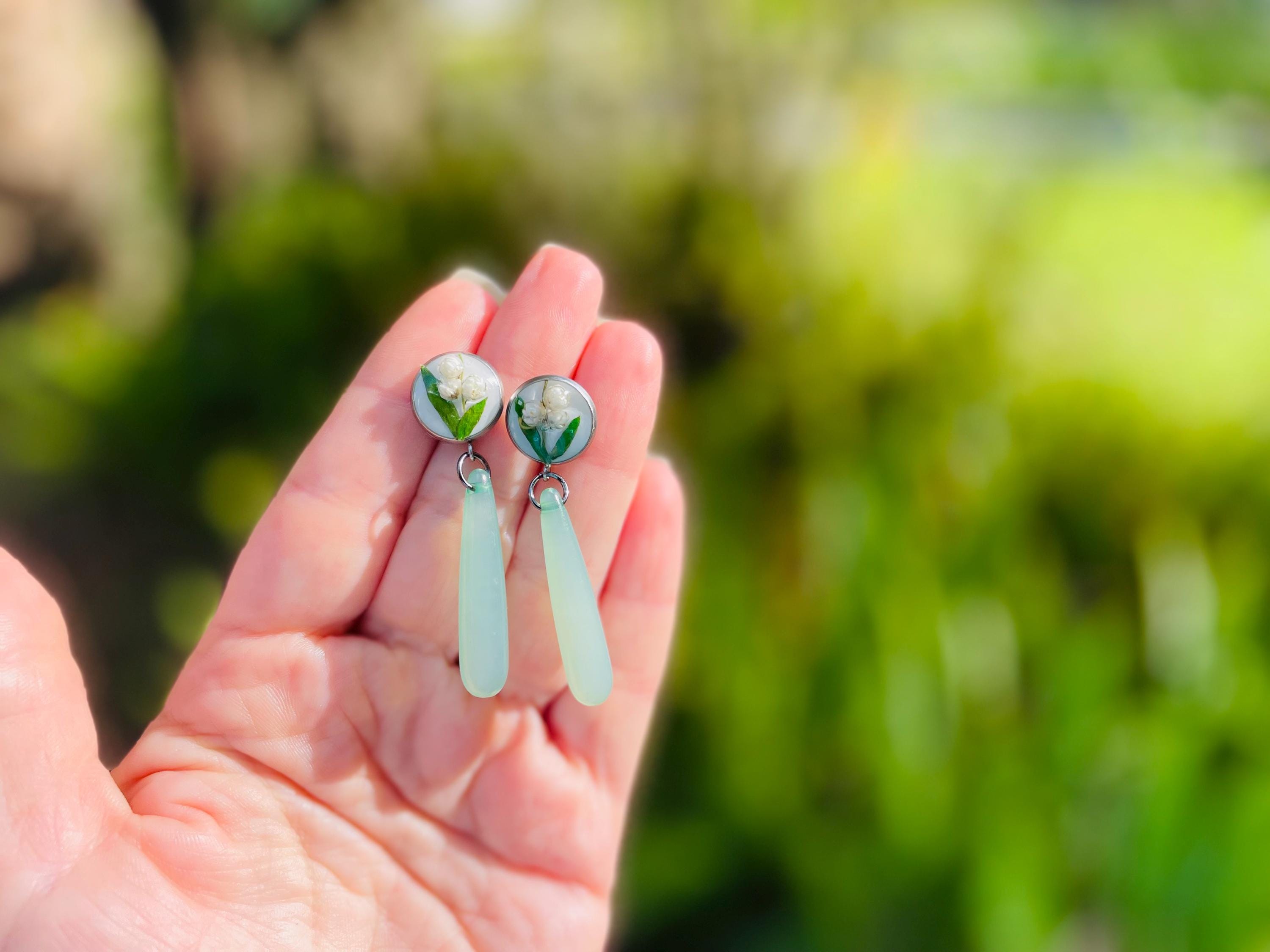Lily of the Valley Pearl Dangle Earrings: Real Flower Resin Jewelry May Birth Flower Studs