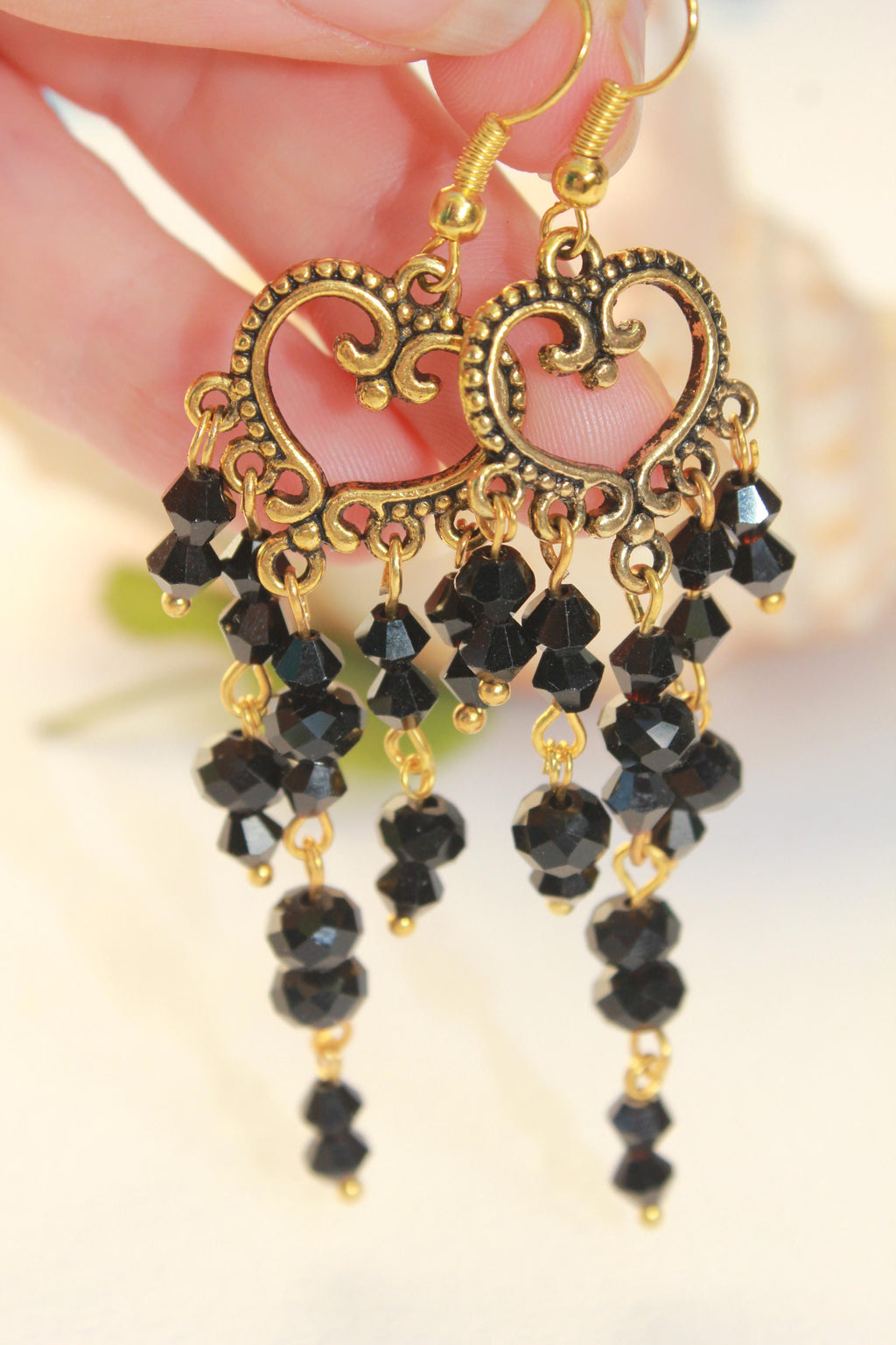 Mothers Day gift, Gold and black Heart earrings, long chandelier earrings, romantic gift for girlfriend wife, bohemian beaded earrings mom