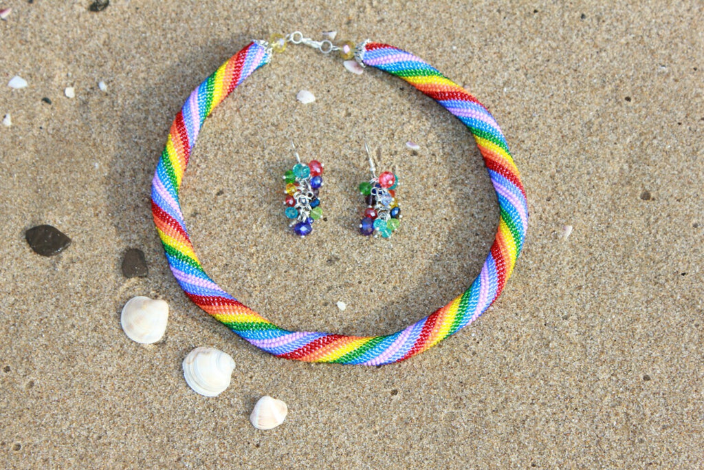 Colorful beaded choker necklace, striped rainbow necklace African boho chic necklace for girlfriend birthday sister lesbian jewelry crochet