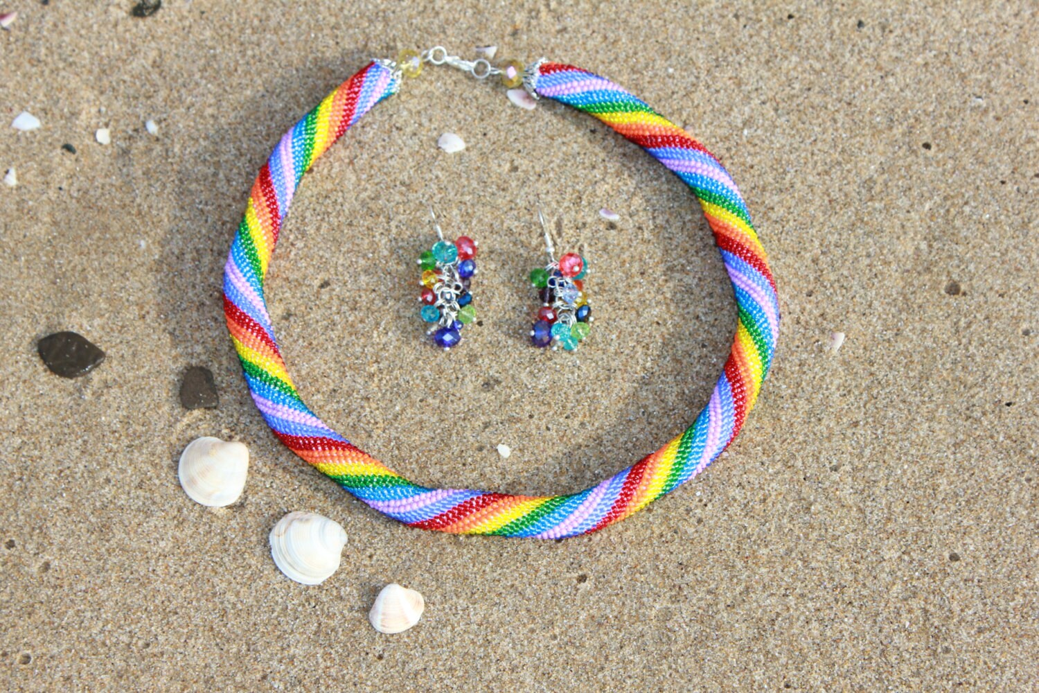 Colorful beaded choker necklace, striped rainbow necklace African boho chic necklace for girlfriend birthday sister lesbian jewelry crochet