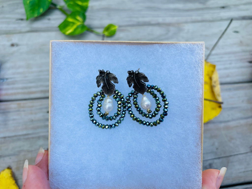 Leaf earrings stud,  Unique handmade earrings, green Swarovski crystal statement earrings, hoop earrings dangle, baroque pearl earrings mom