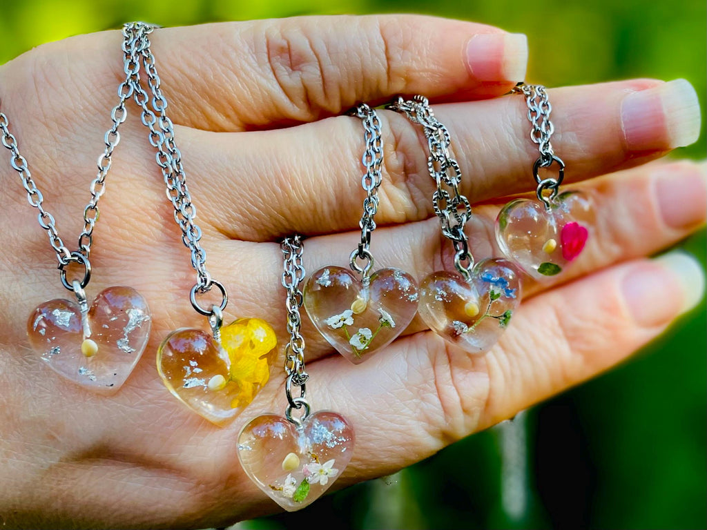 Mustard Seed Heart Pendant Necklace: Personalized Birth Month Flower Jewelry