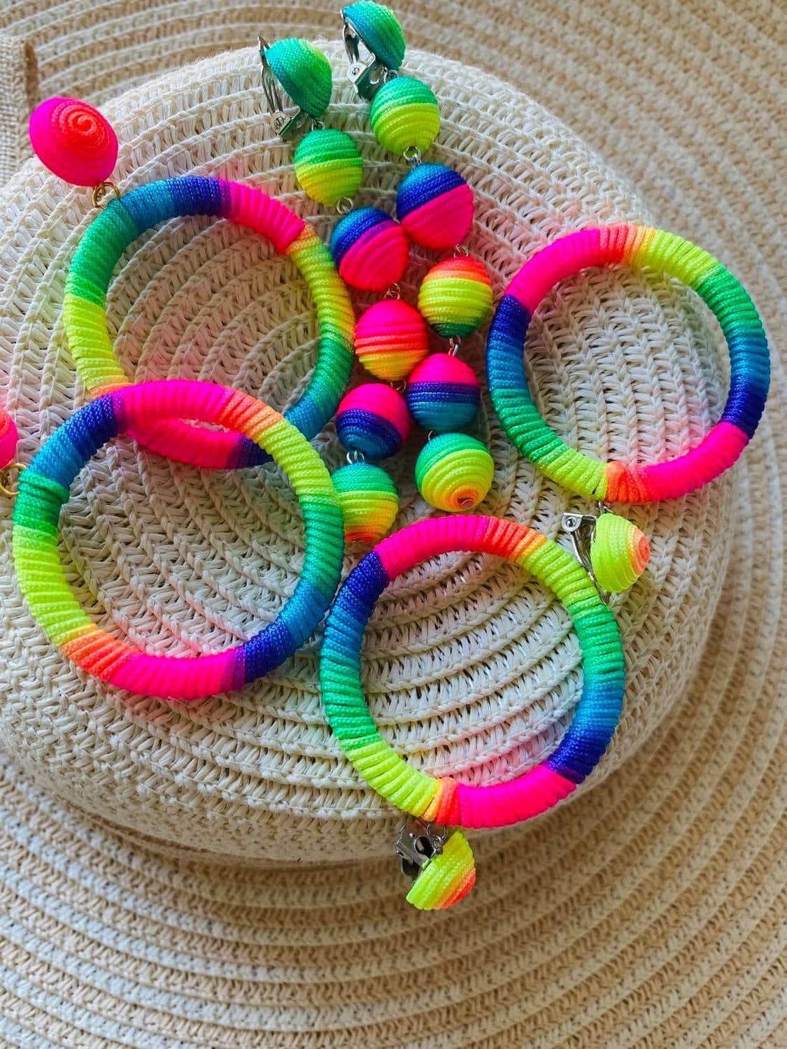 Clip on earrings, Silk like cord wrapped multicolored hoop bon bon earrings, Pride lesbian earrings, Rainbow Hoop Dangle earrings for Women