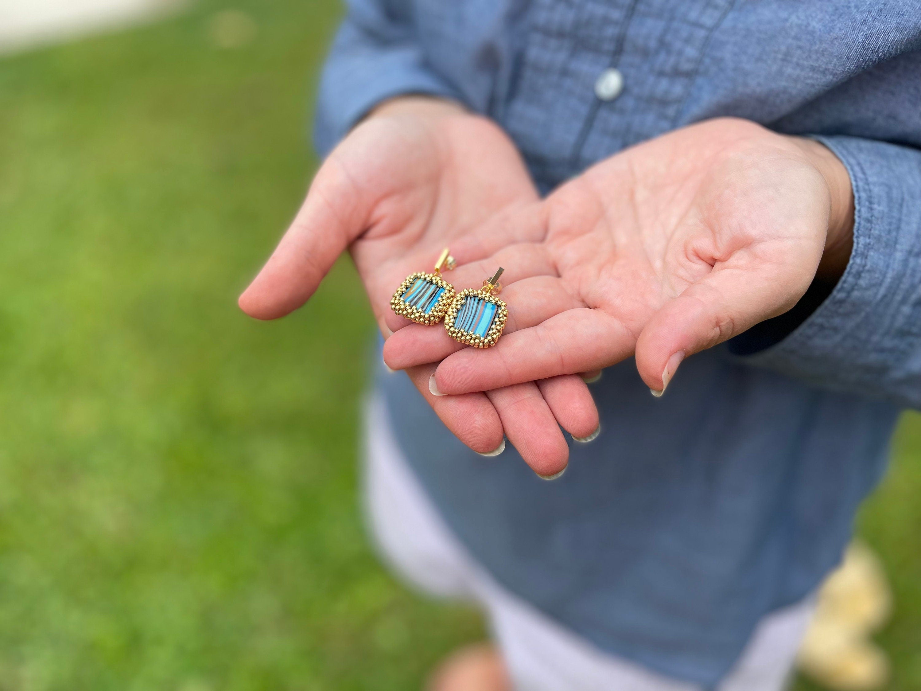 Square dangle beaded earrings with striped turquoise malachite like crystals with gold or silver studs, 1.24 inch long earrings for women