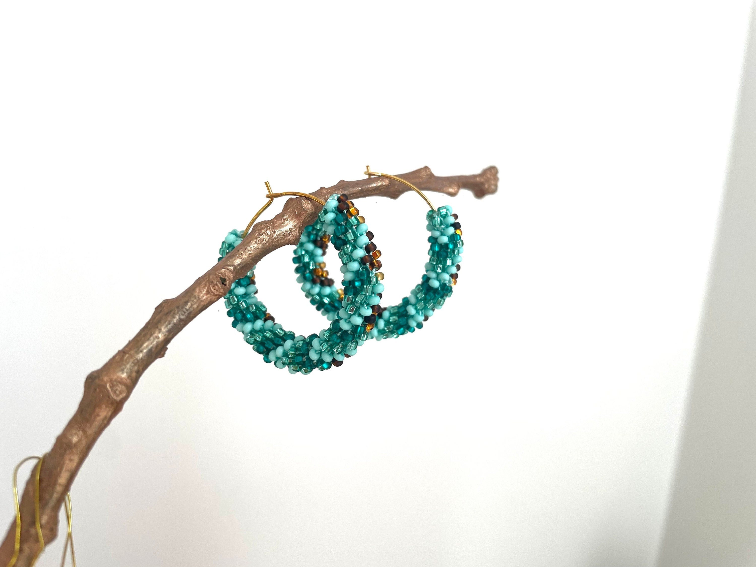 Beaded hoop earrings for her Turquoise emerald green brown hoop earrings 1.2inch native Americans seed bead earrings Beadwork jewelry Ethnic