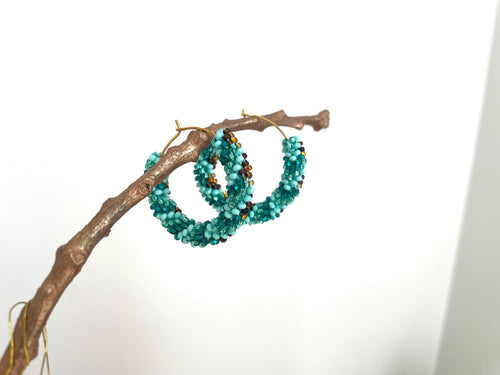 Beaded hoop earrings for her Turquoise emerald green brown hoop earrings 1.2inch native Americans seed bead earrings Beadwork jewelry Ethnic