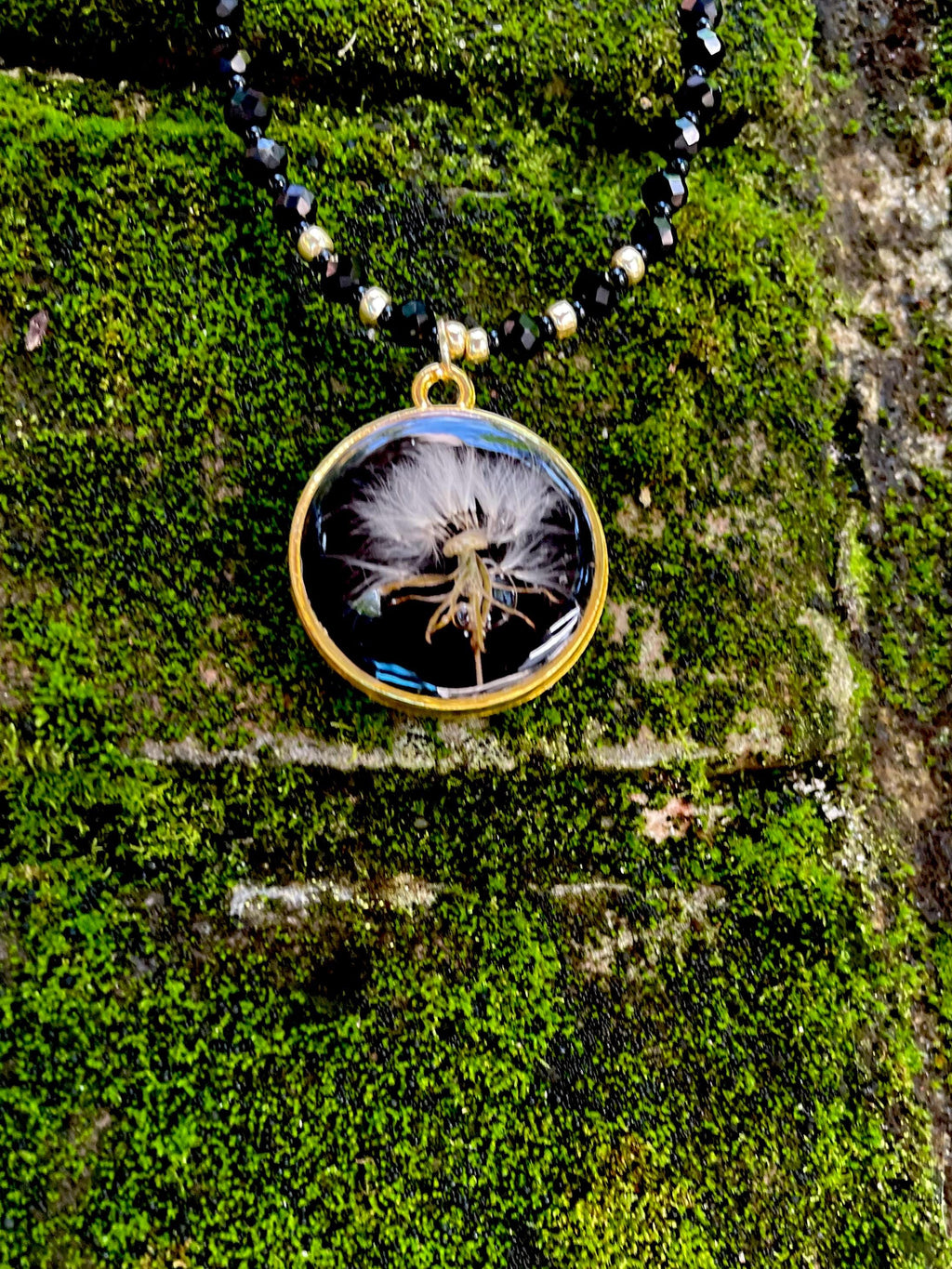 Black Spinel Beaded Necklace: Real Dandelion Charm, Sterling Silver/Gold