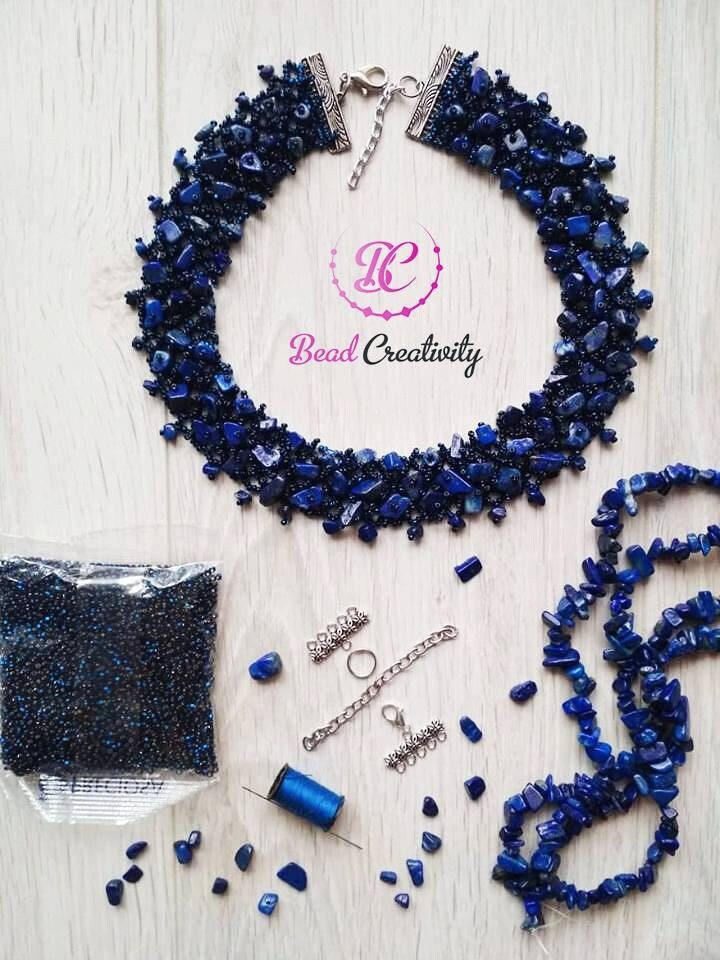 Raw birthstone Lapis Lazuli crystal necklace collar unique holiday gift for her handmade beaded jewelry set for mom wife September birthday