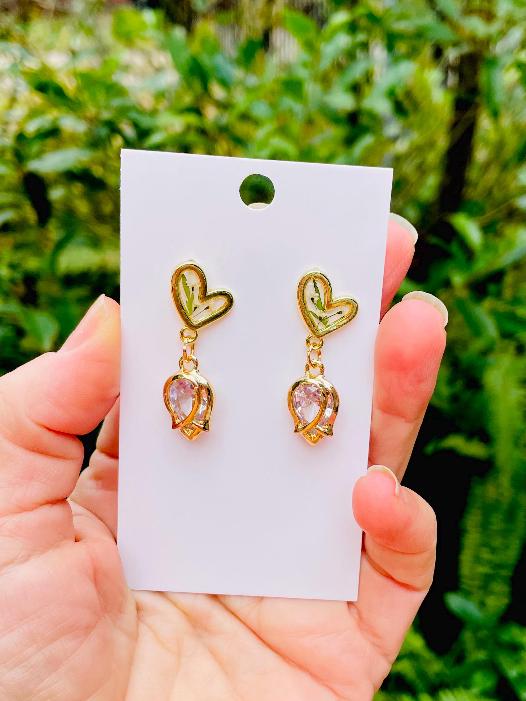 Gold Tulip Heart Earrings: Moissanite-like Crystal Flower Jewelry Galentine Day