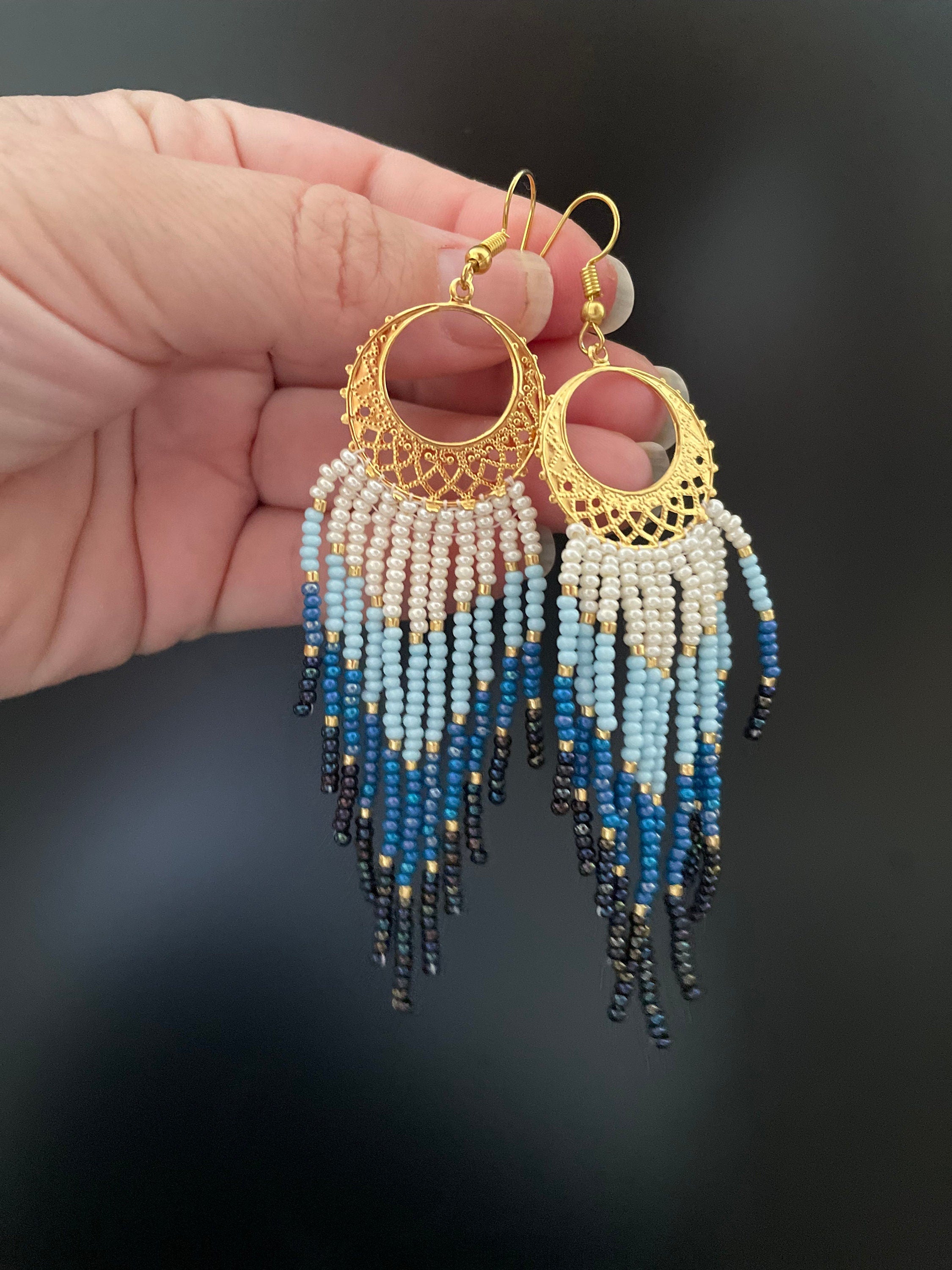 gold and denim blue bead Woven Geometrical Fringe Earrings, 14K Gold-Filled Earwires Handmade Unique Gift for Her best Friend Boho Jewelry