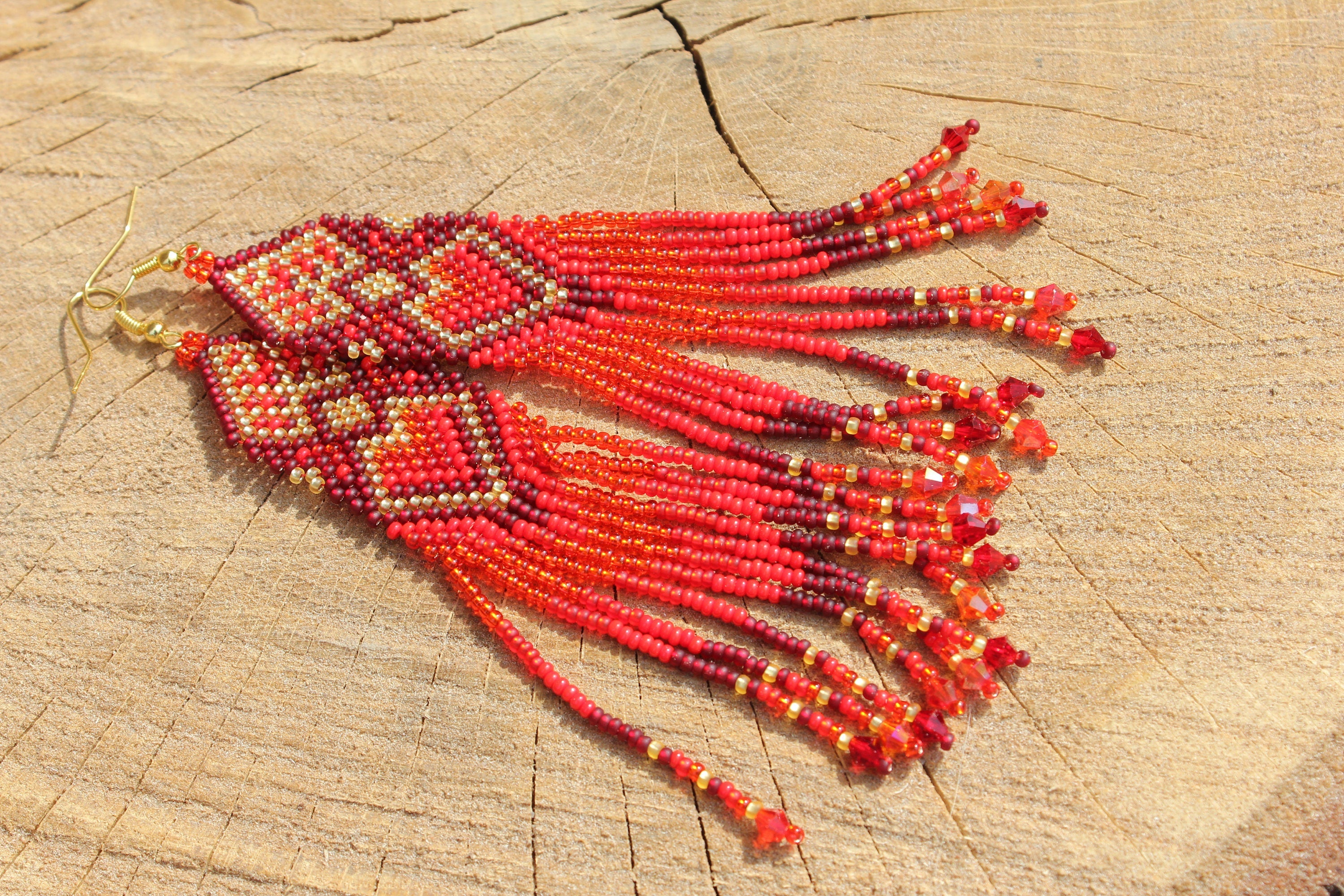 Heart earrings for women, Red gold Seed bead earrings, best friend gift, red Beaded earrings long, Native American style, Statement earrings