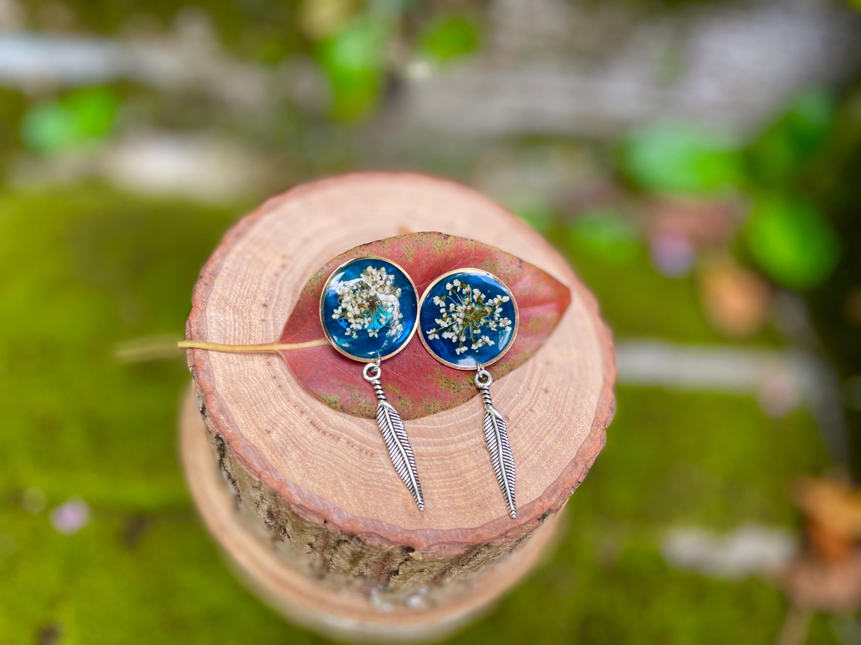 Patina Blue Resin Stud Earrings: Real Pressed Flower and Turquoise Feather jewelry