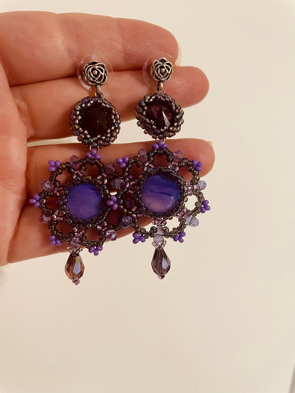 Purple  earrings beaded Unique gift for her,  Amethyst Swarovski crystal and mother of the pearl beaded earrings, Long drop earrings wife