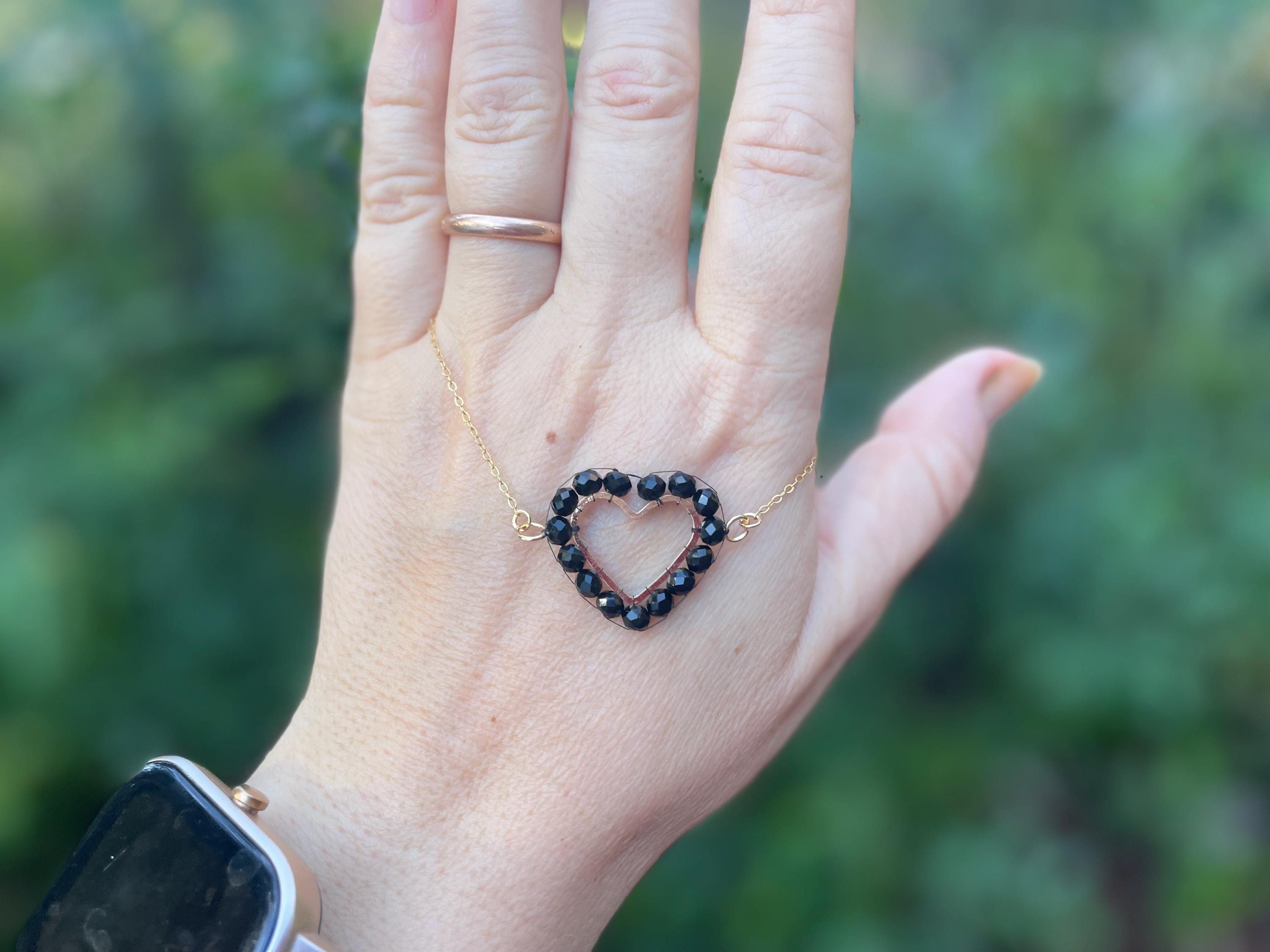 Black Beaded Heart Dangle Earrings Clip on/stud: Gothic Prom Statement Earrings