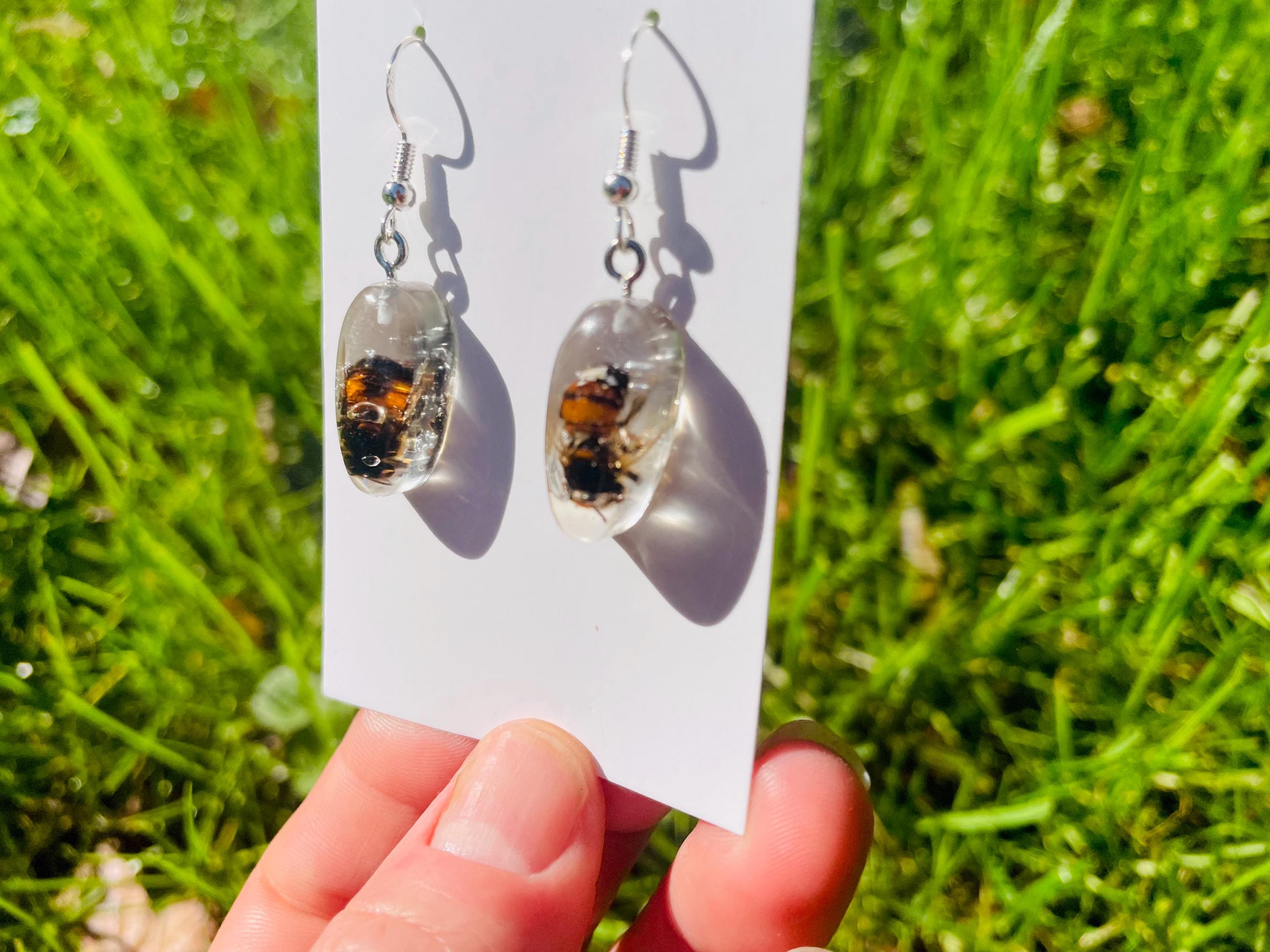 Real Bee Earrings Resin: Yellow Dandelion Flower and Insect Jewelry Gift for her Ethically Preserved