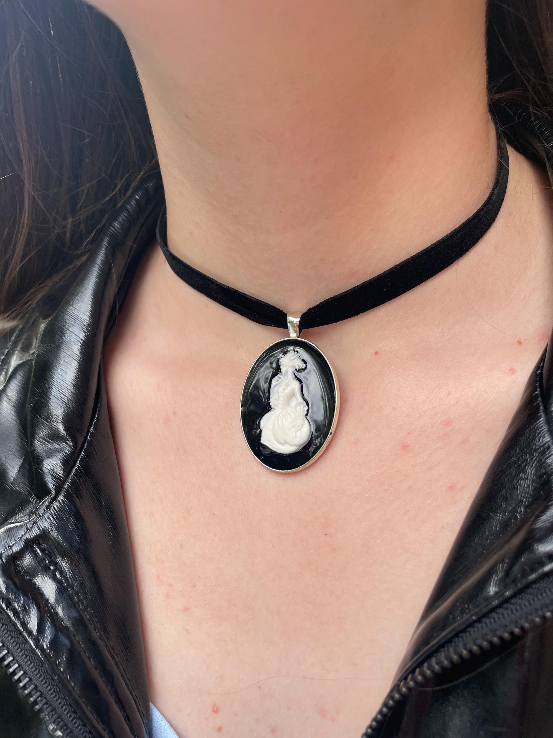Skeleton Cameo Necklace: Halloween Velvet Ribbon Pendant, Victorian Gothic Jewelry