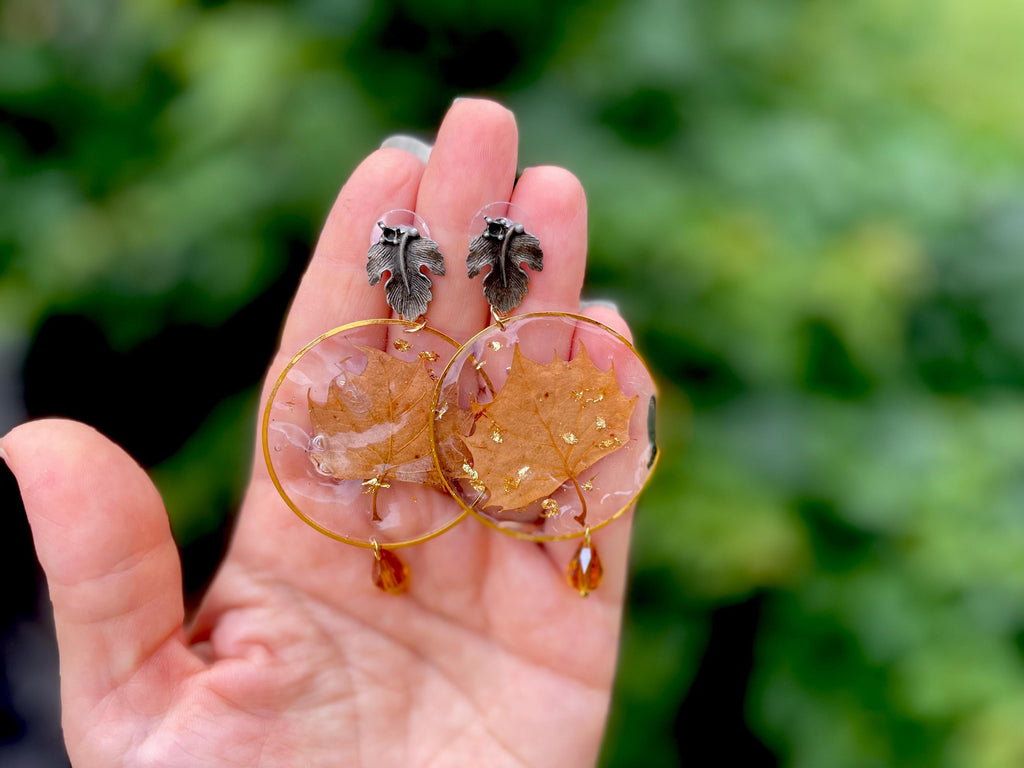 Autumn Leaf Resin Earrings: 14K Gold Filled or Sterling Silver, Handmade Chandeliers Citrine