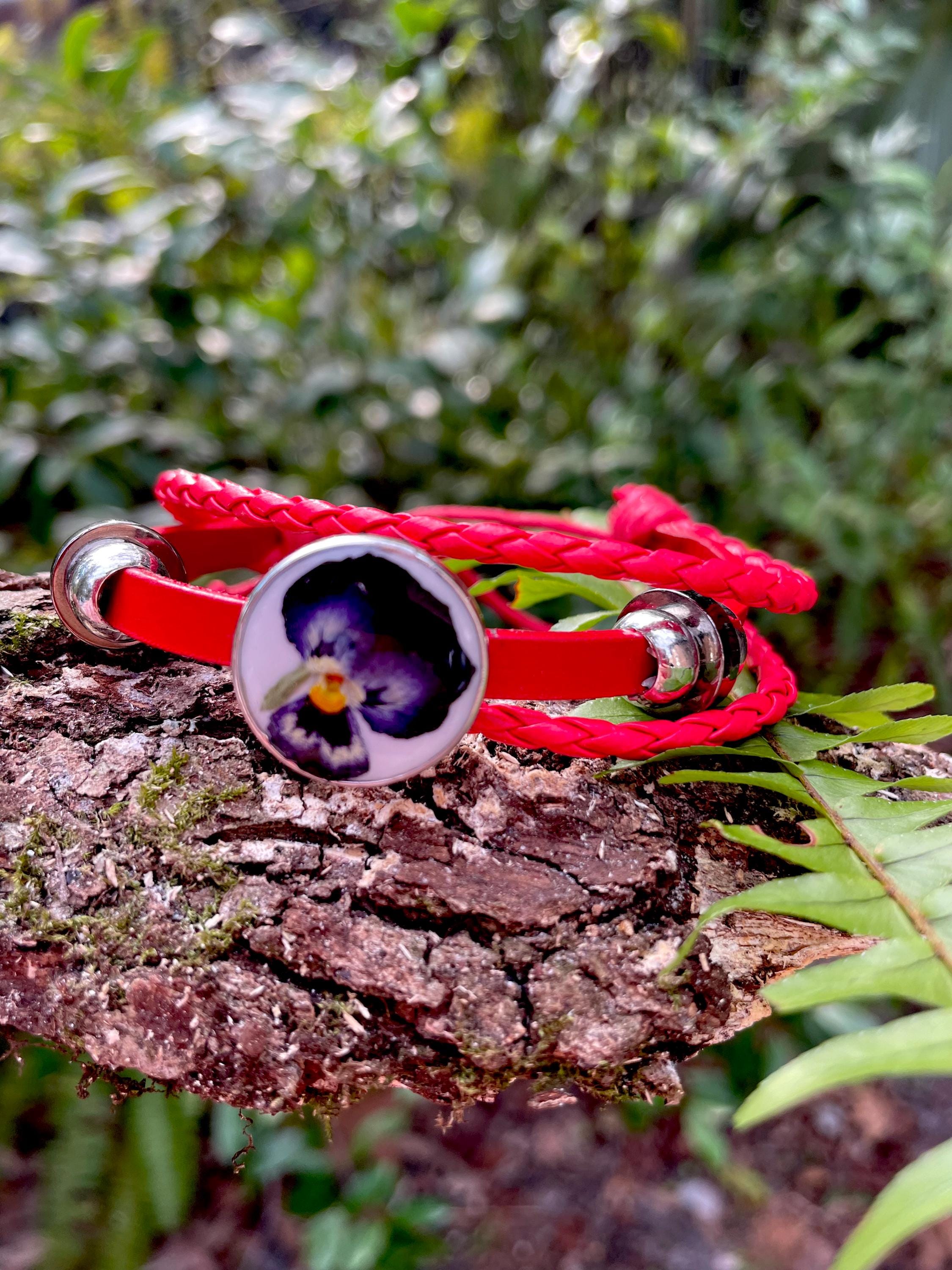 Red Leather 3 Wrap Bracelet: Pansy Violet February Birth Flower, Beaded Boho Jewelry