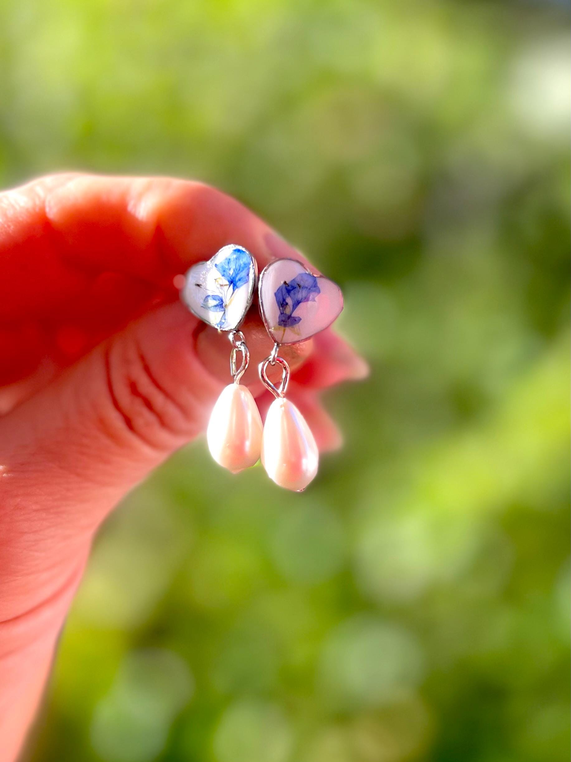 Dainty Heart Pearl Drop Earrings: Blue Wildflower Silver Bridal Jewelry