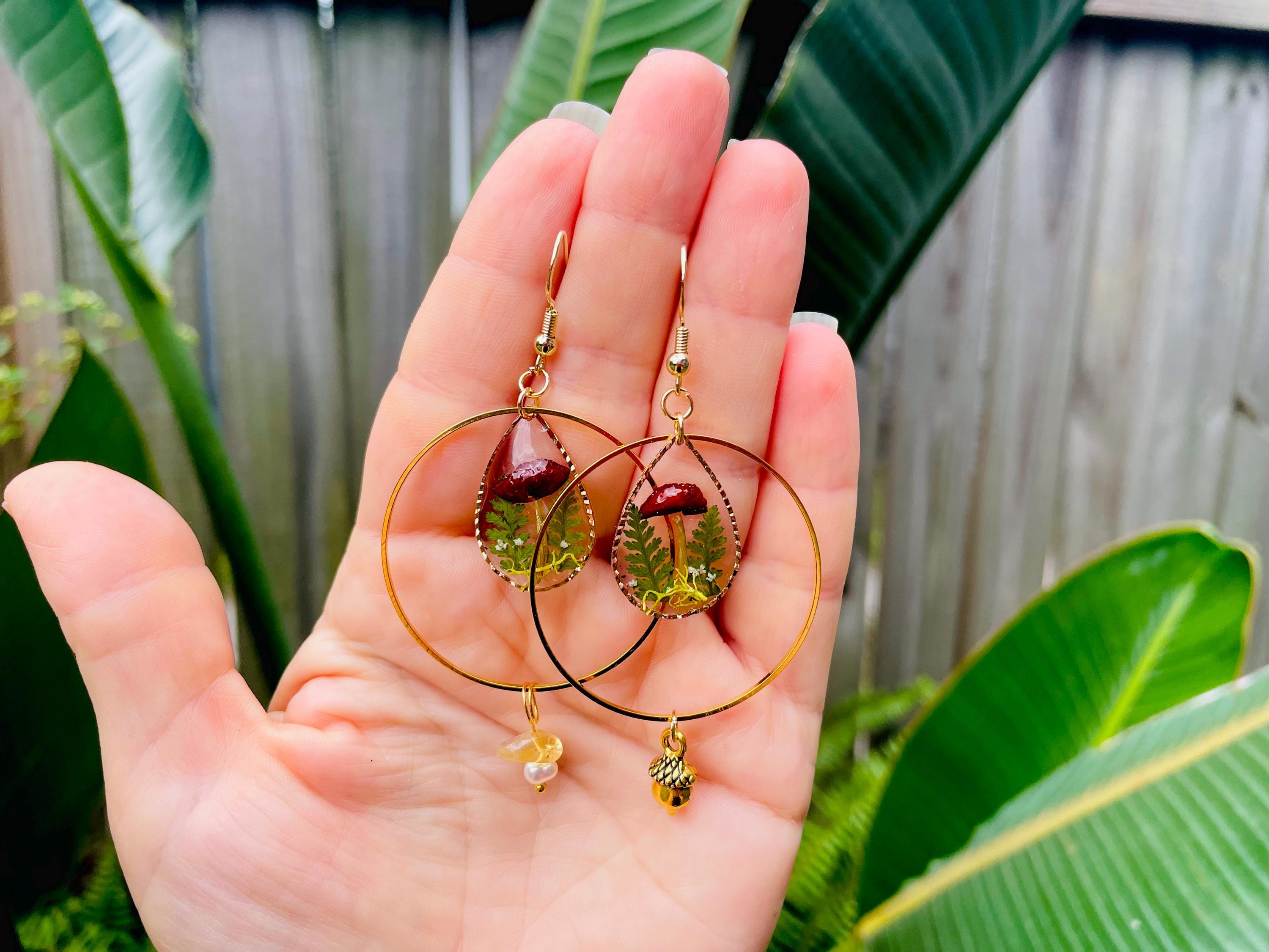 14K Gold Mushroom Terrarium Earrings Chandelier Hoops: Pearl, Acorn Charm, Personalized Birthstone