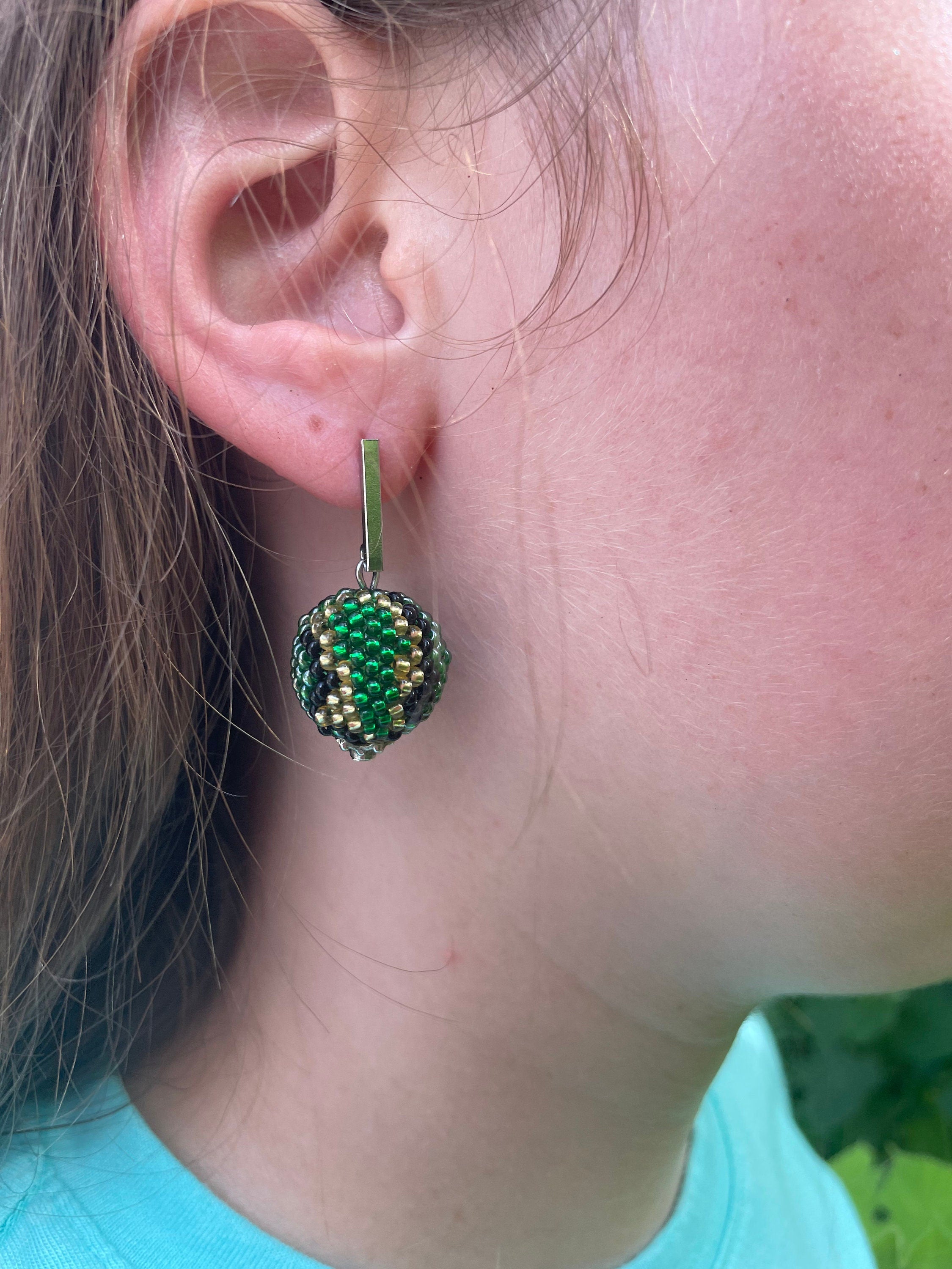snake print earrings, beaded dangle Green Serpent one ball earrings, Snake Skin Jewelry, Asp Gift Modern Bonbon earrings, Halloween earrings