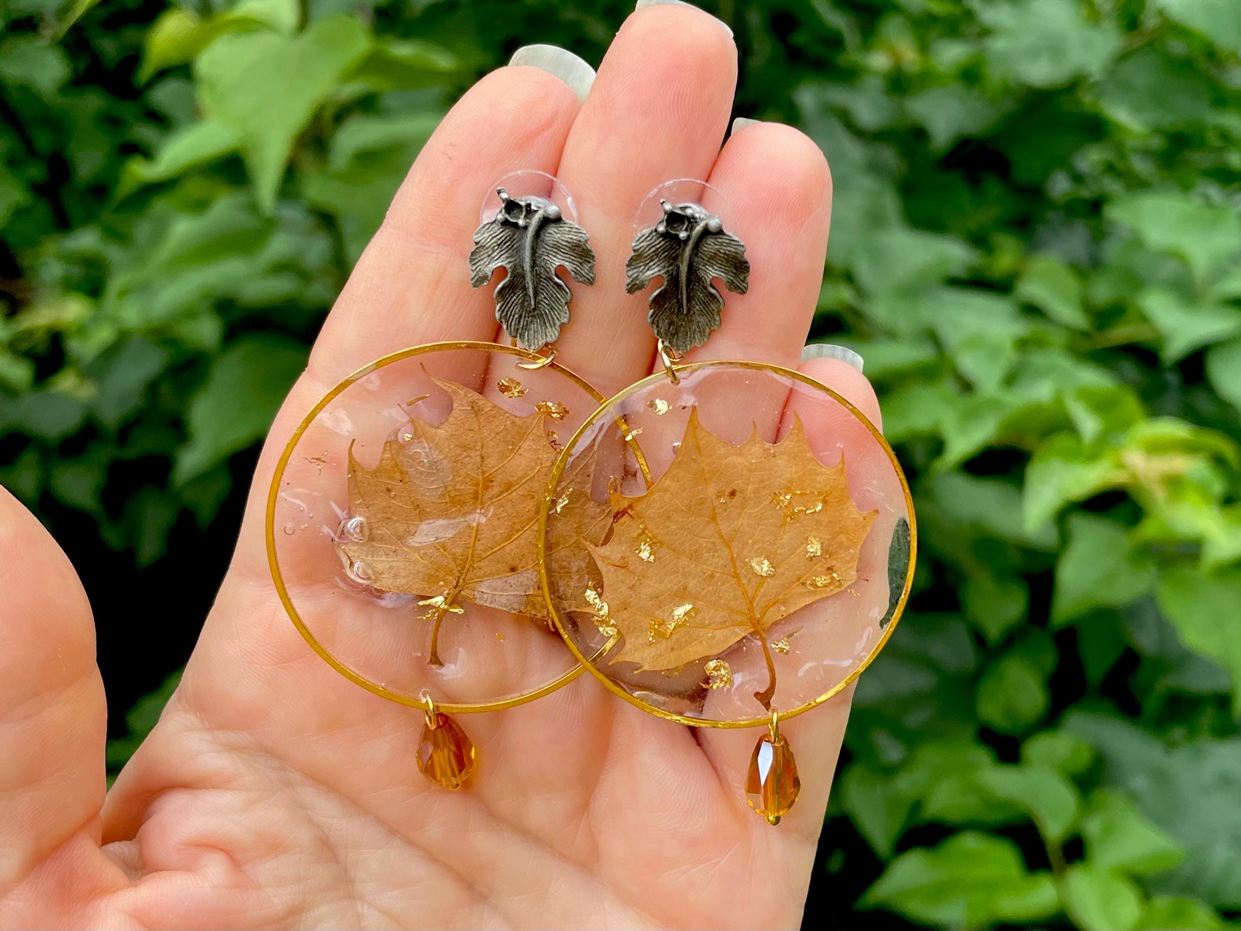 Autumn Leaf Resin Earrings: 14K Gold Filled or Sterling Silver, Handmade Chandeliers Citrine
