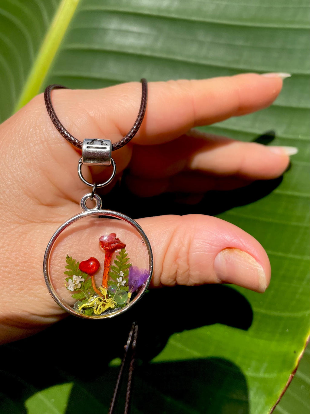 Personalized Mushroom Forest Zodiac Necklace: Handmade Resin Pendant, Birthstone Crystals
