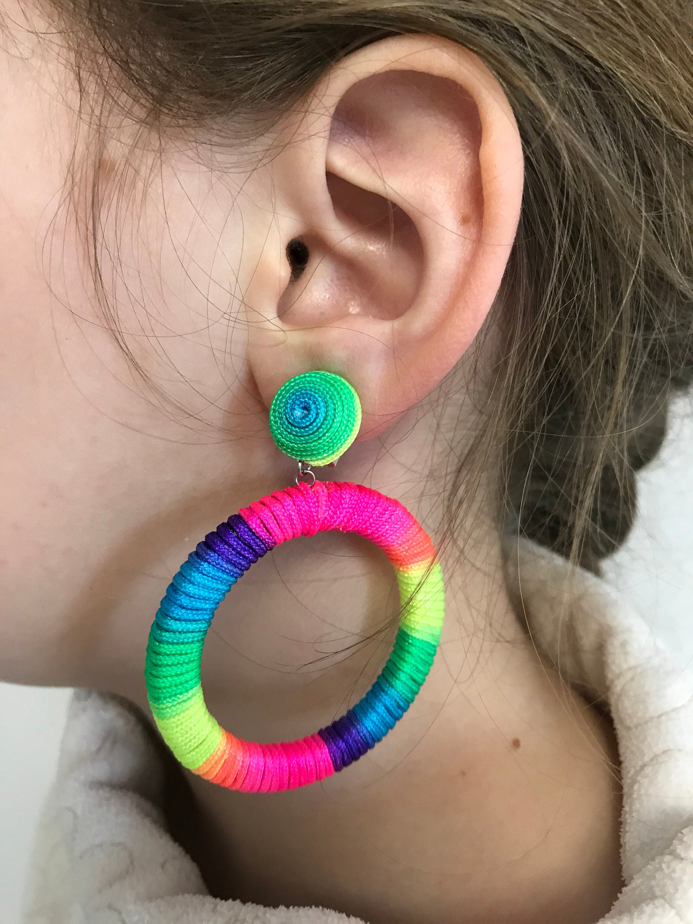 Rainbow colorful Oversize hoop earrings, big hoops clip on, statement laser cut wooden studs~trendy fashion jewelry, Christmas gifts for mom