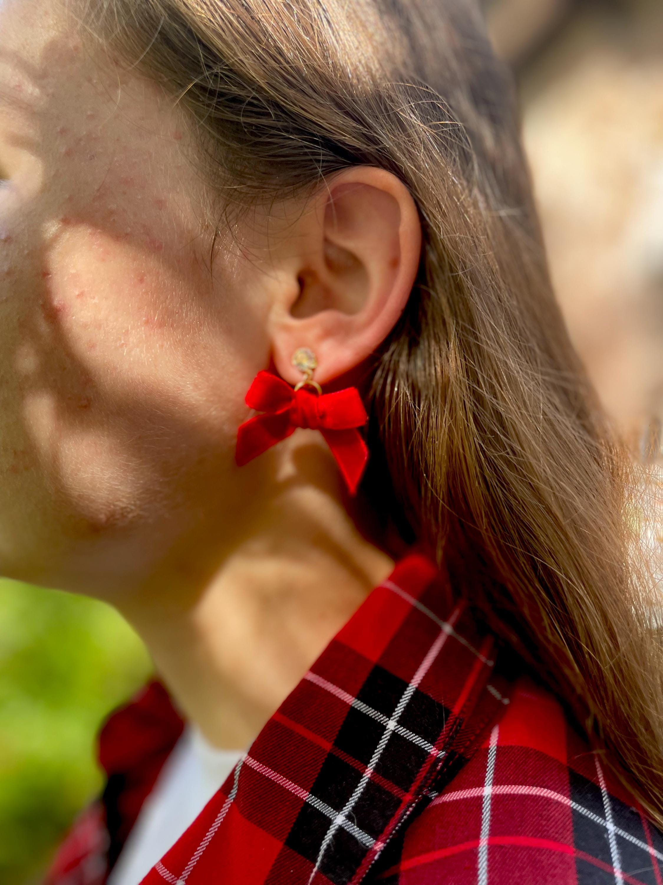 Red Velvet Bow Christmas Earrings: Handmade Holiday Jewelry