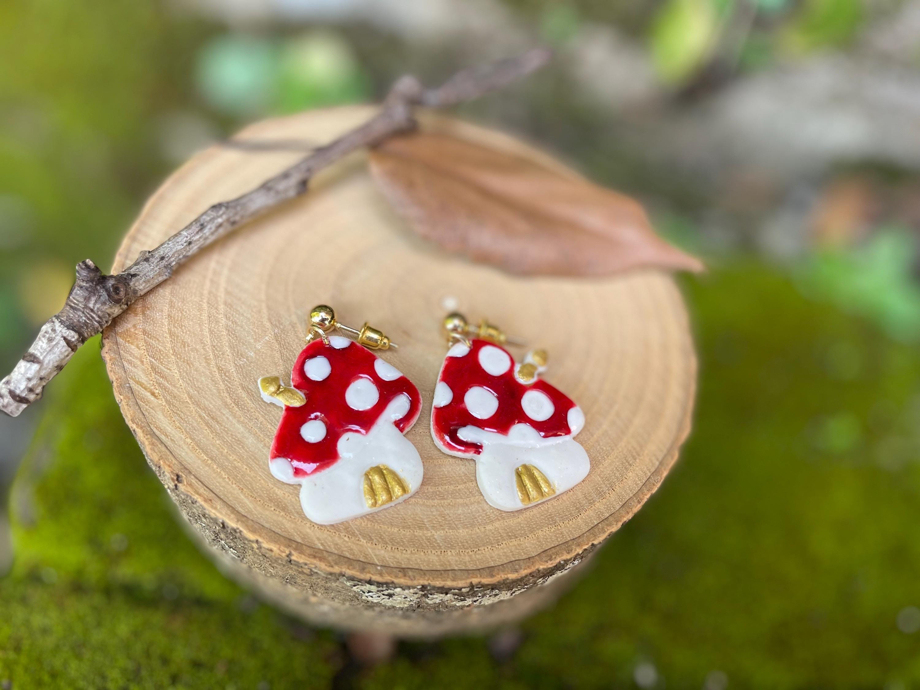 Handmade Mushroom House Earrings: Polymer Clay Whimsical Jewelry