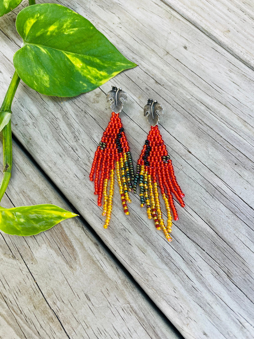 Unique handmade earrings, Burnt orange gold statement earrings, Leaf stud earrings big, Long seed beaded Fringe earrings, jewelry for her