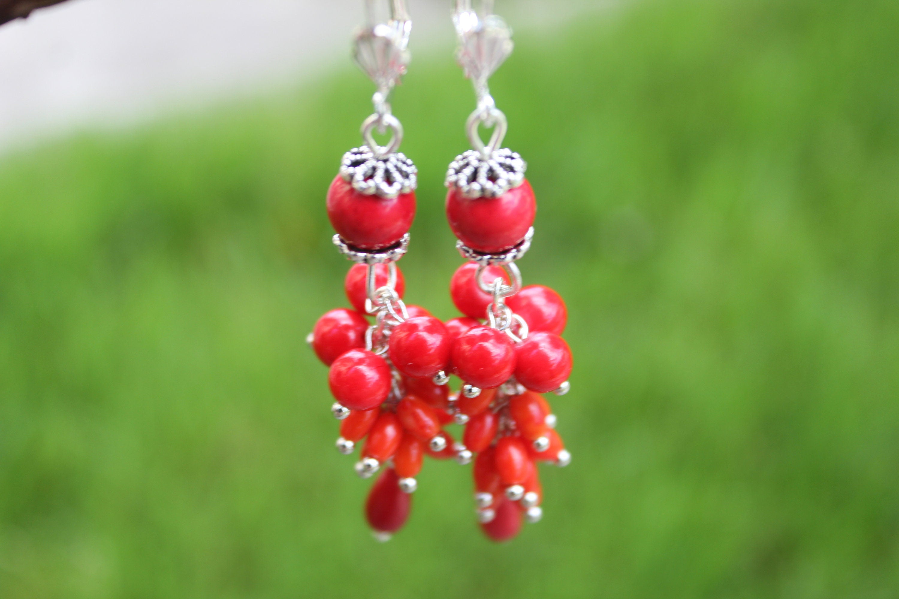 Valentines day Red coral statement earrings gift for women, mom birthday gift gemstone cluster earrings, unique gift for her dangle earrings