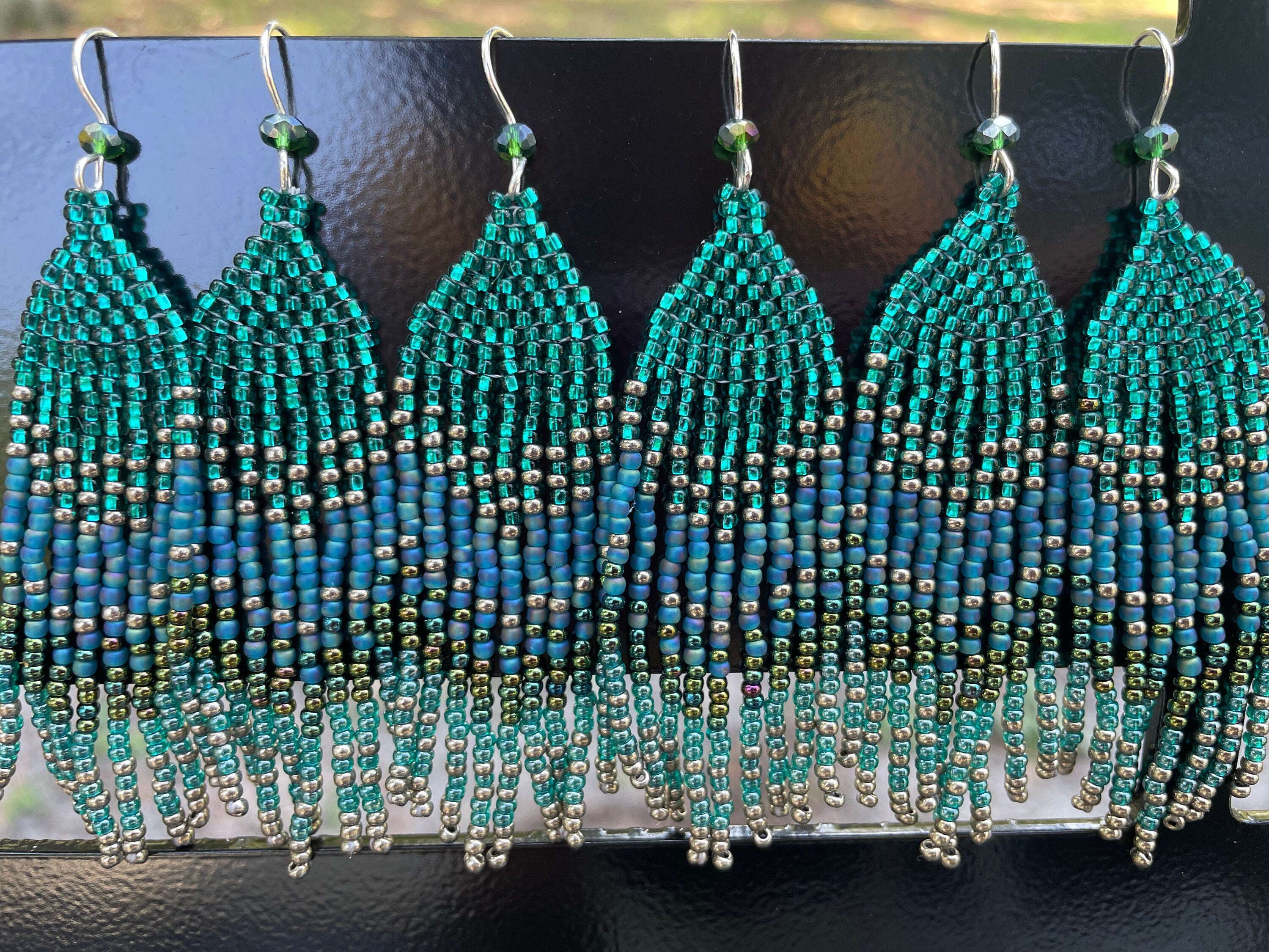 Sterling silver emerald green beaded earrings, Long earrings dangle, Fringe earrings Native American Seed bead earrings, Chandelier earrings
