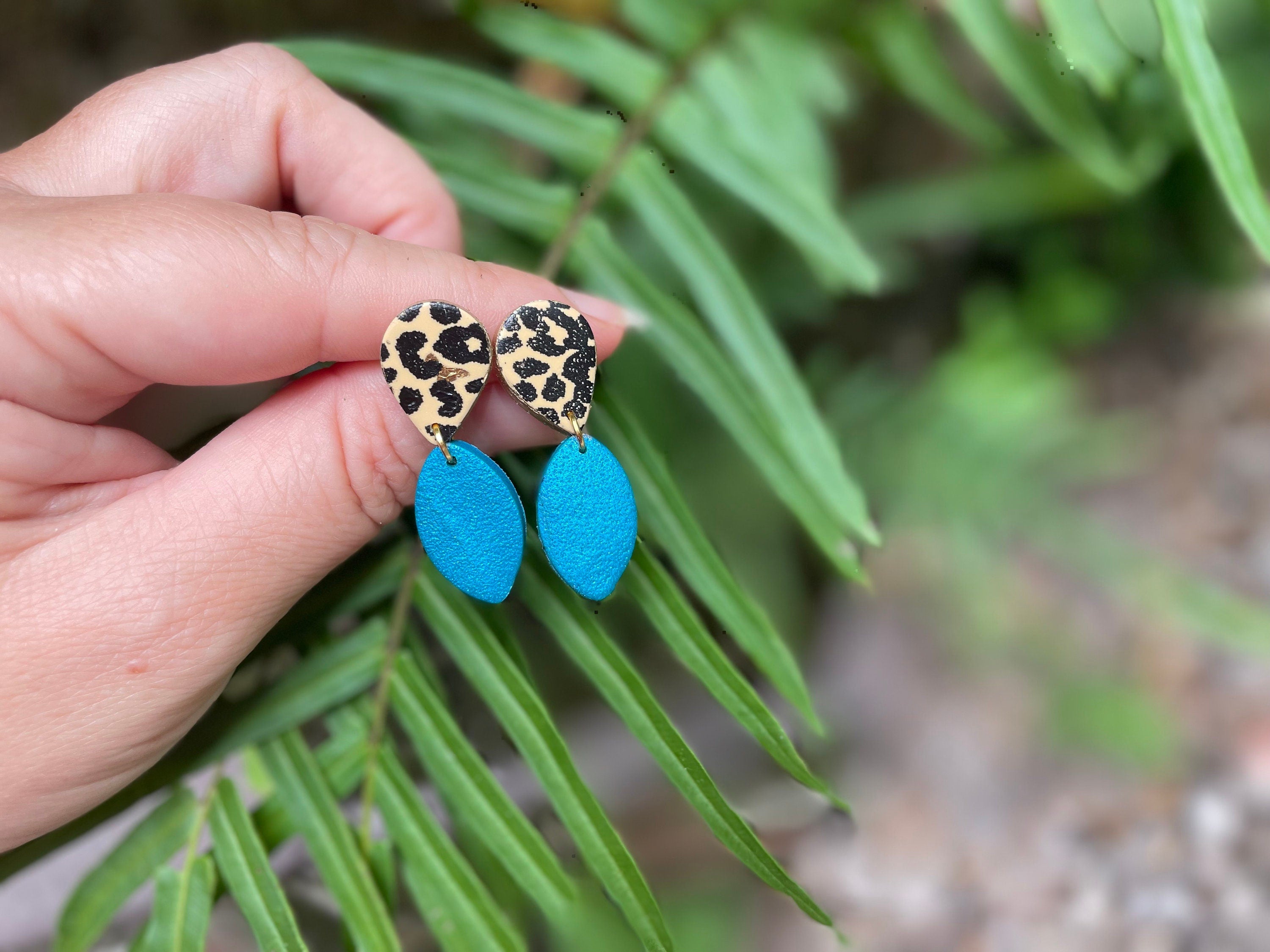 Patina blue and Leopard Drop Earrings stud Jacksonville Jaguars cheer mom Polymer Clay Earrings Thoughtful Gift Idea for Friends Girlfriend
