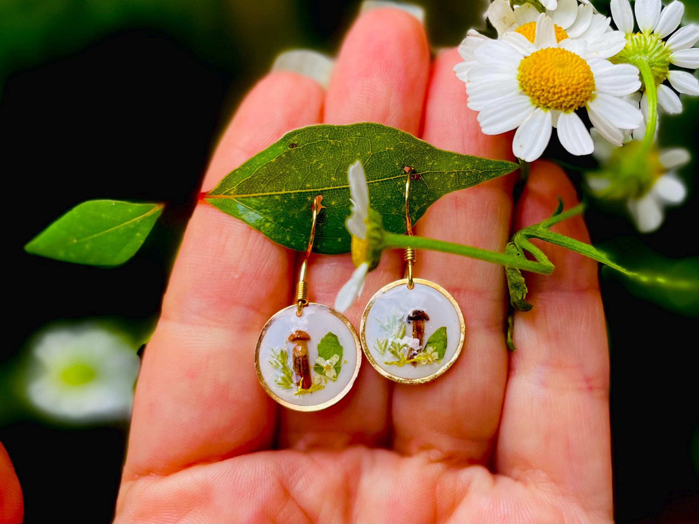 14K Gold Minimalist Meadow Flower & Mushroom Earrings | Unique Botanical Woodland Fairy Jewelry Resin