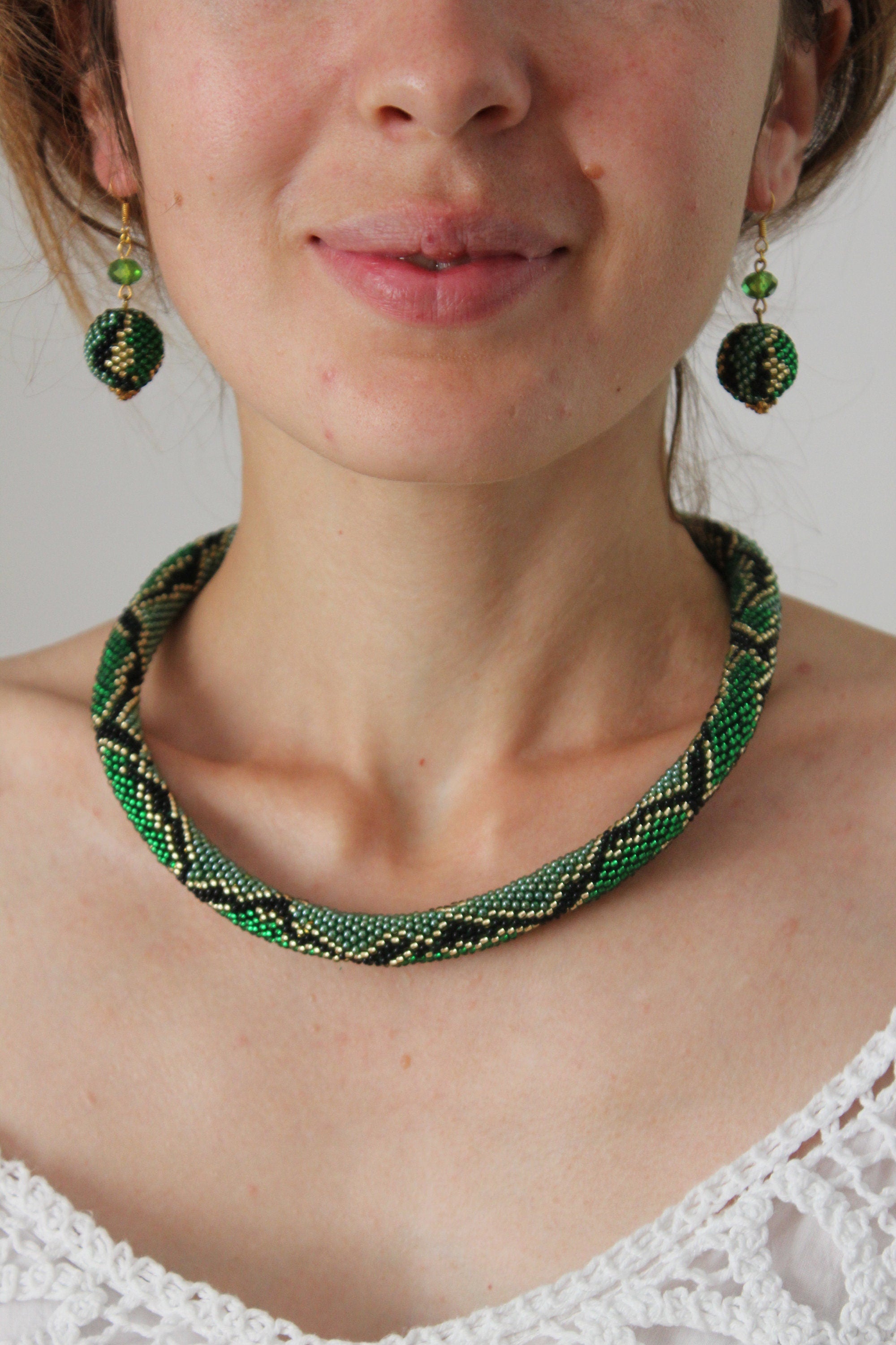 Beaded Snake Choker: Green Ouroboros Necklace, Wild Animal Jewelry