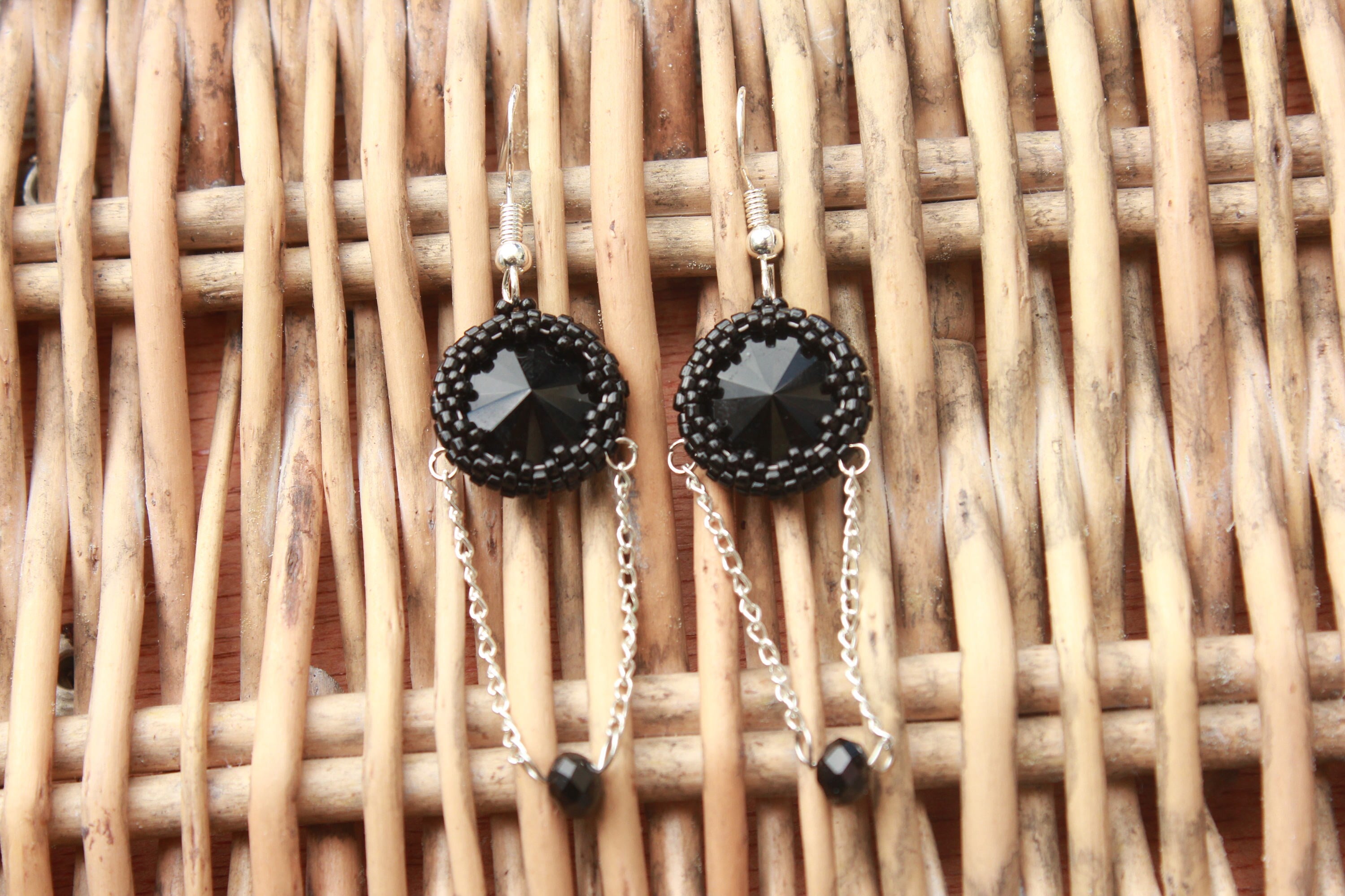 Earrings. Black earrings beaded, Gothic earrings, goth chain earrings, goth jewelry, steampunk earrings, black jewelry for her, self gift,